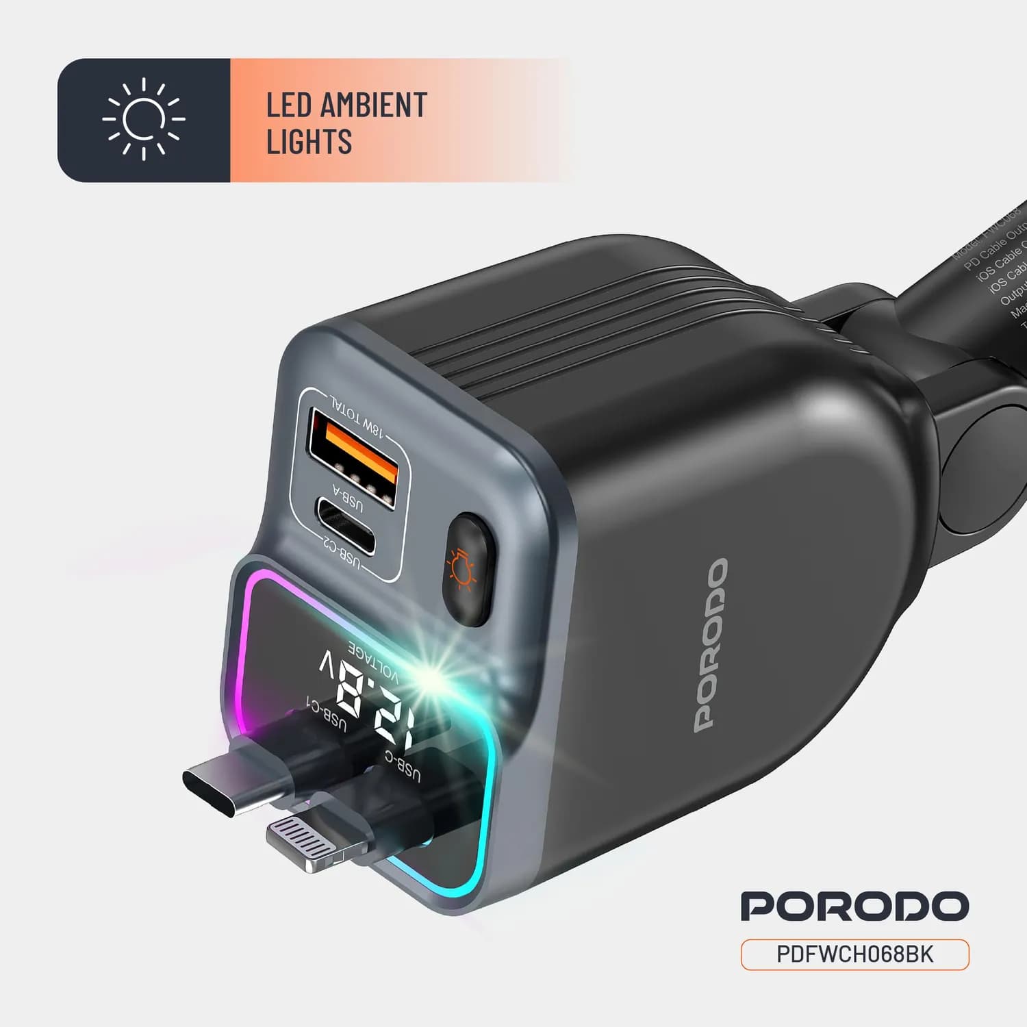 Porodo Car Power Inverter - 200W, PD 36W, USB-C & USB-A 3