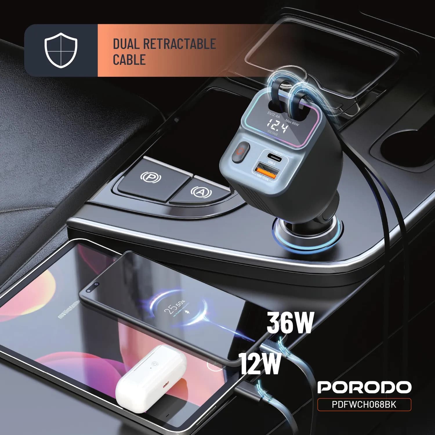 Porodo Car Power Inverter - 200W, PD 36W, USB-C & USB-A 4