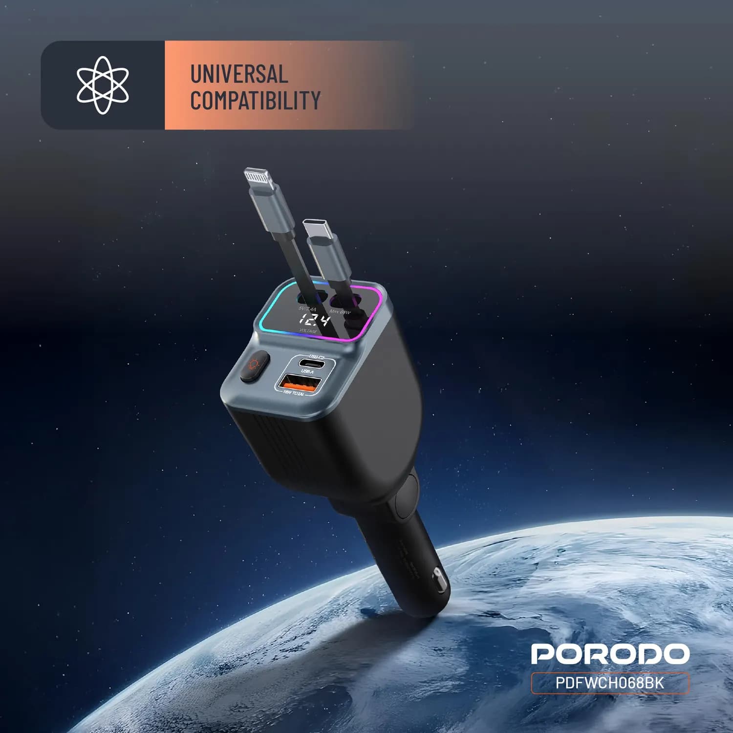 Porodo Car Power Inverter - 200W, PD 36W, USB-C & USB-A 5