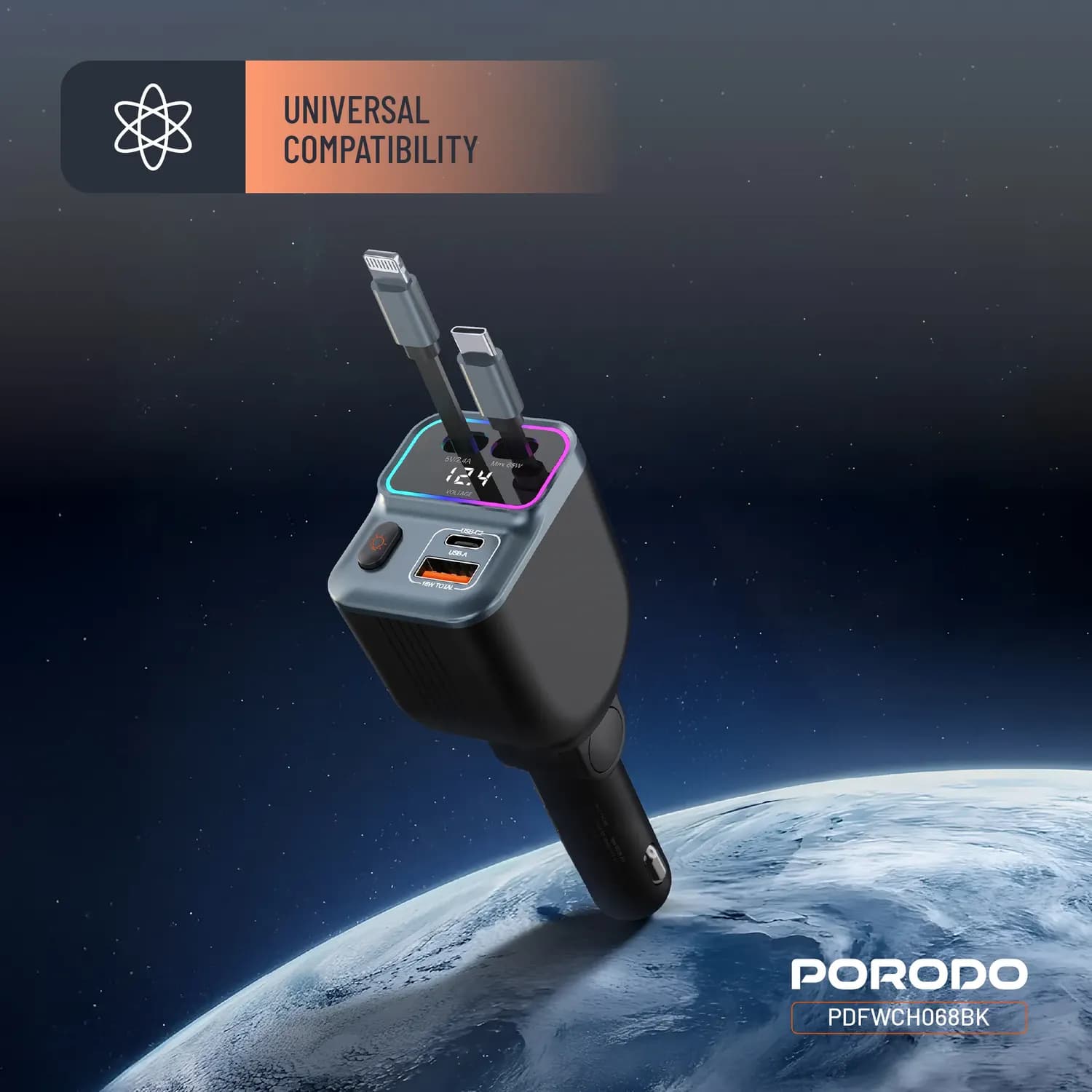 Porodo Car Charger - 65W 4-in-1, Retractable Cables, Black 3