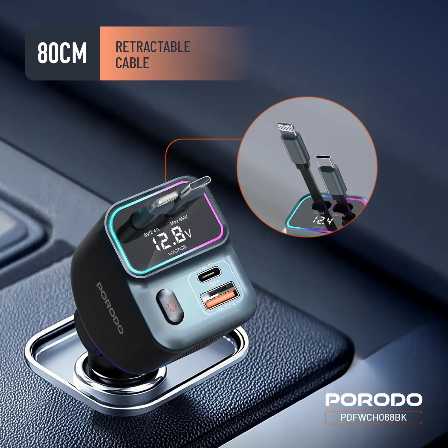 Porodo Car Charger - 65W 4-in-1, Retractable Cables, Black 4