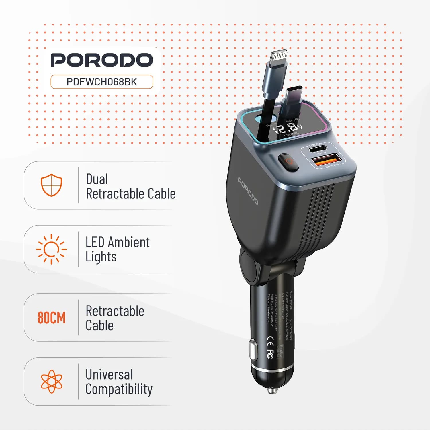 Porodo Car Charger - 65W 4-in-1, Retractable Cables, Black 5