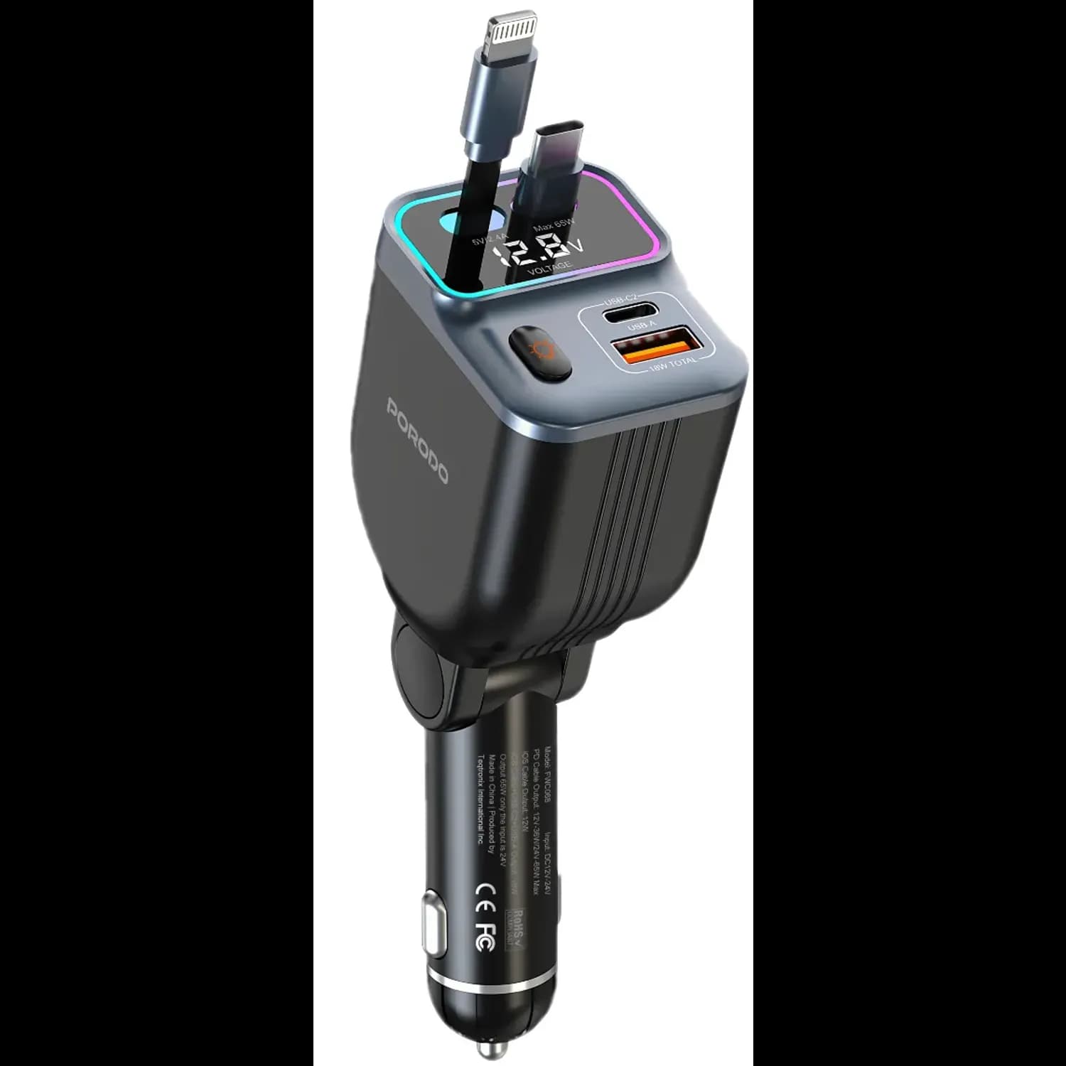 Porodo Car Charger - 65W 4-in-1, Retractable Cables, Black 1 Porodo Car Charger - 65W 4-in-1, Retractable Cables, Black 1