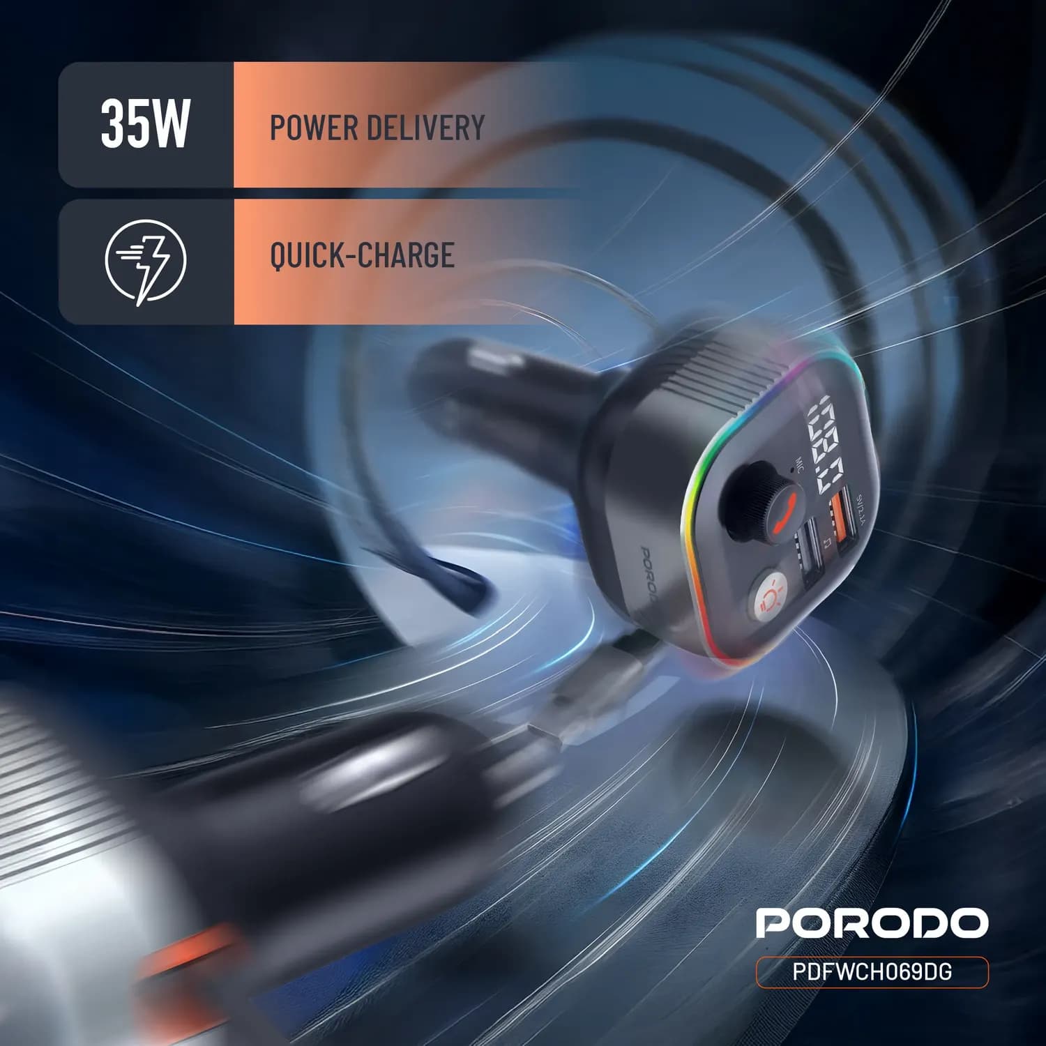 Porodo Bluetooth FM Transmitter & 65W PD Car Charger - Retractable Type-C, Dark Gray 2