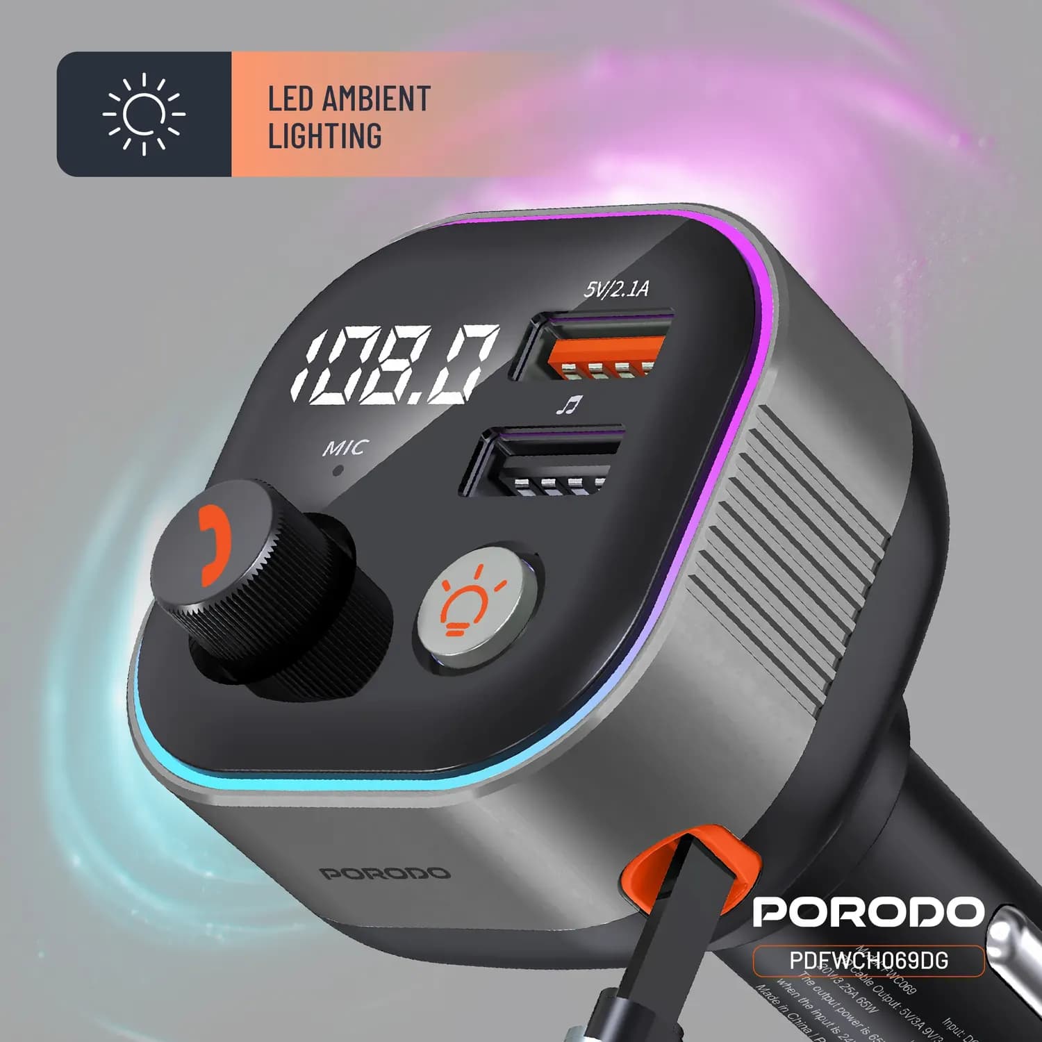 Porodo Bluetooth FM Transmitter & 65W PD Car Charger - Retractable Type-C, Dark Gray 3