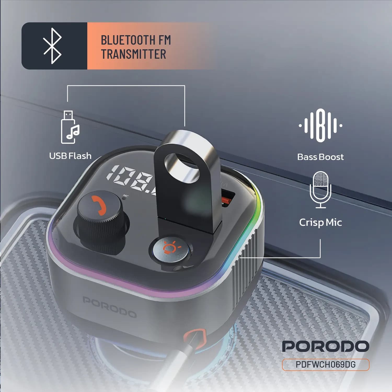Porodo Bluetooth FM Transmitter & 65W PD Car Charger - Retractable Type-C, Dark Gray 4