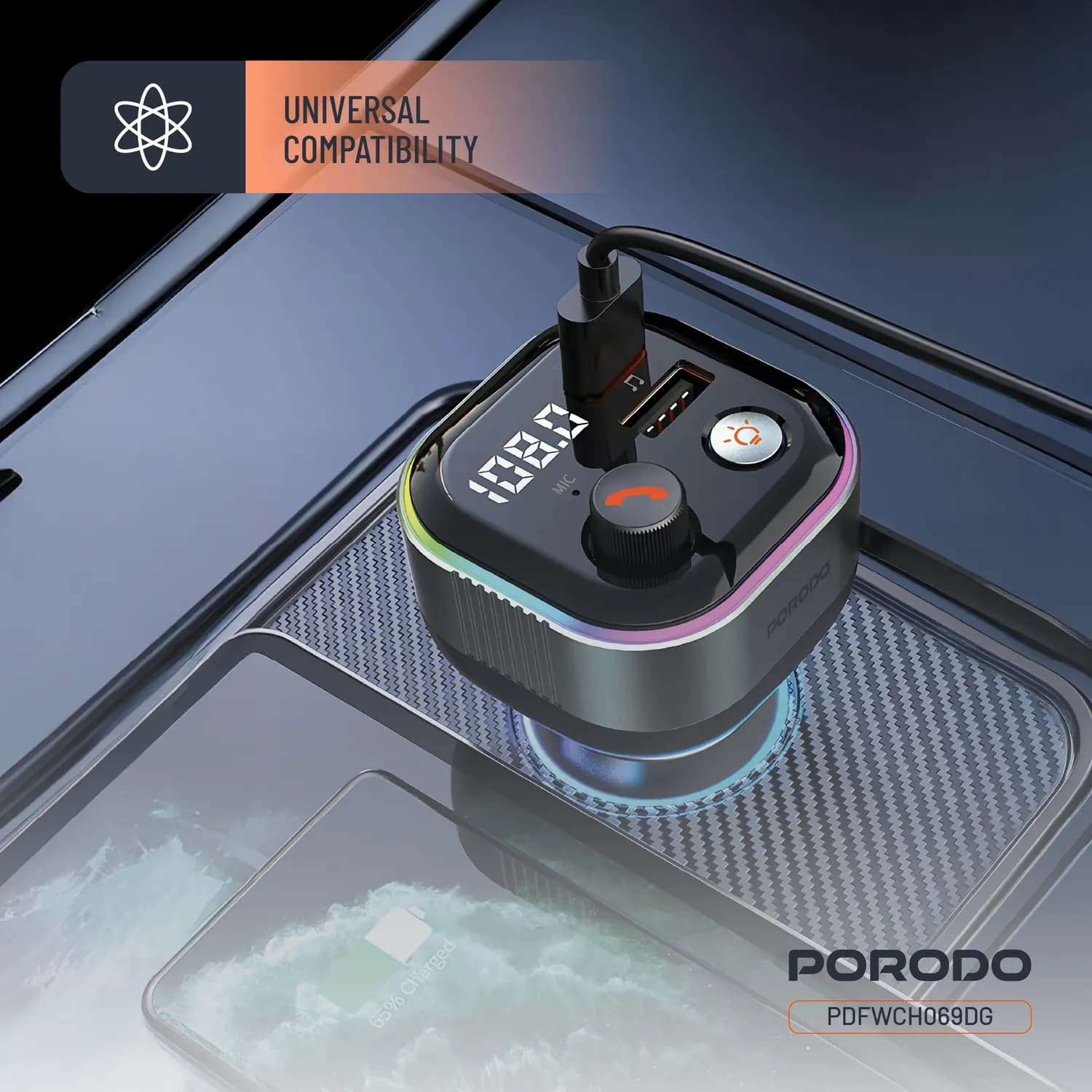 Porodo Bluetooth FM Transmitter & 65W PD Car Charger - Retractable Type-C, Dark Gray 5
