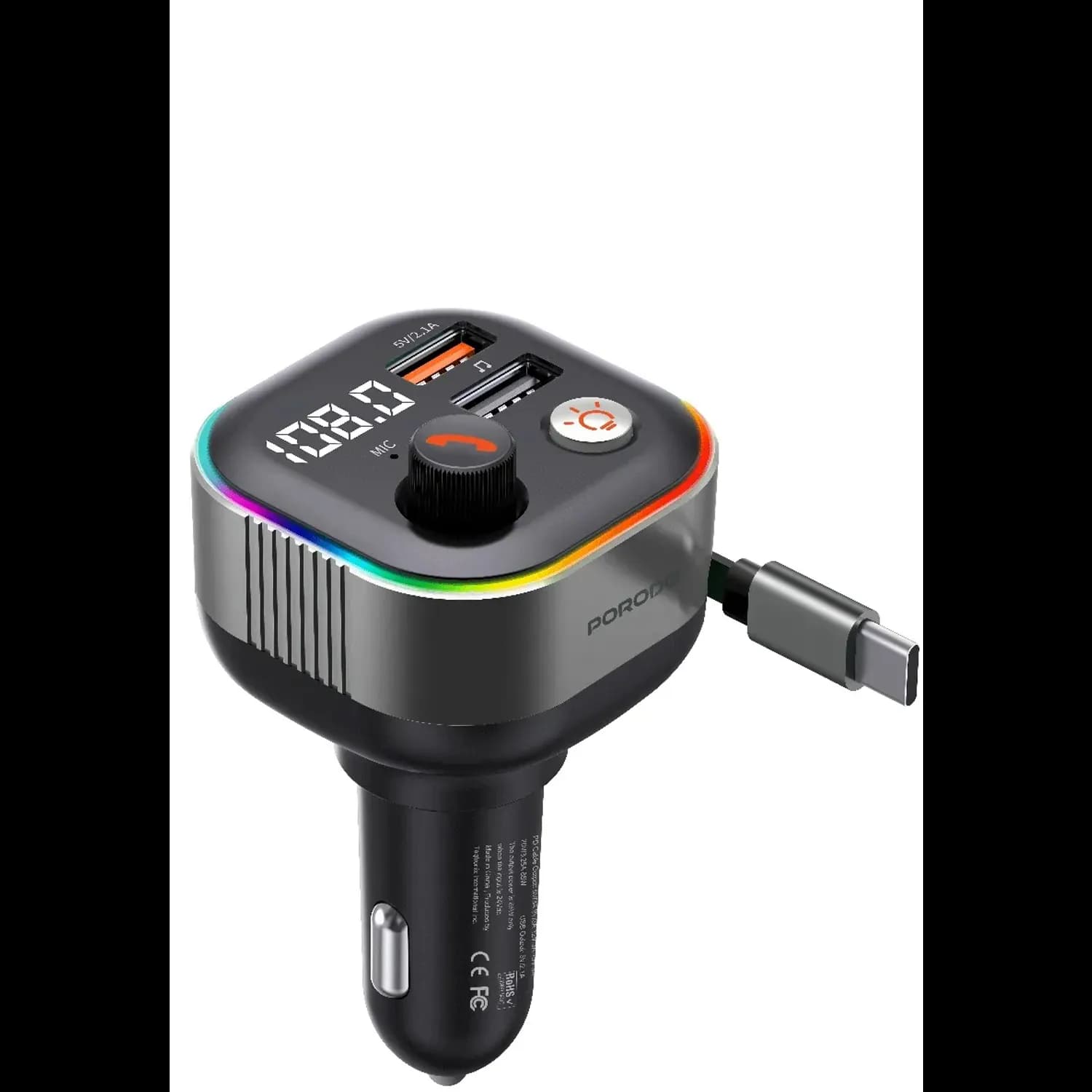 Porodo Bluetooth FM Transmitter & 65W PD Car Charger - Retractable Type-C, Dark Gray 1