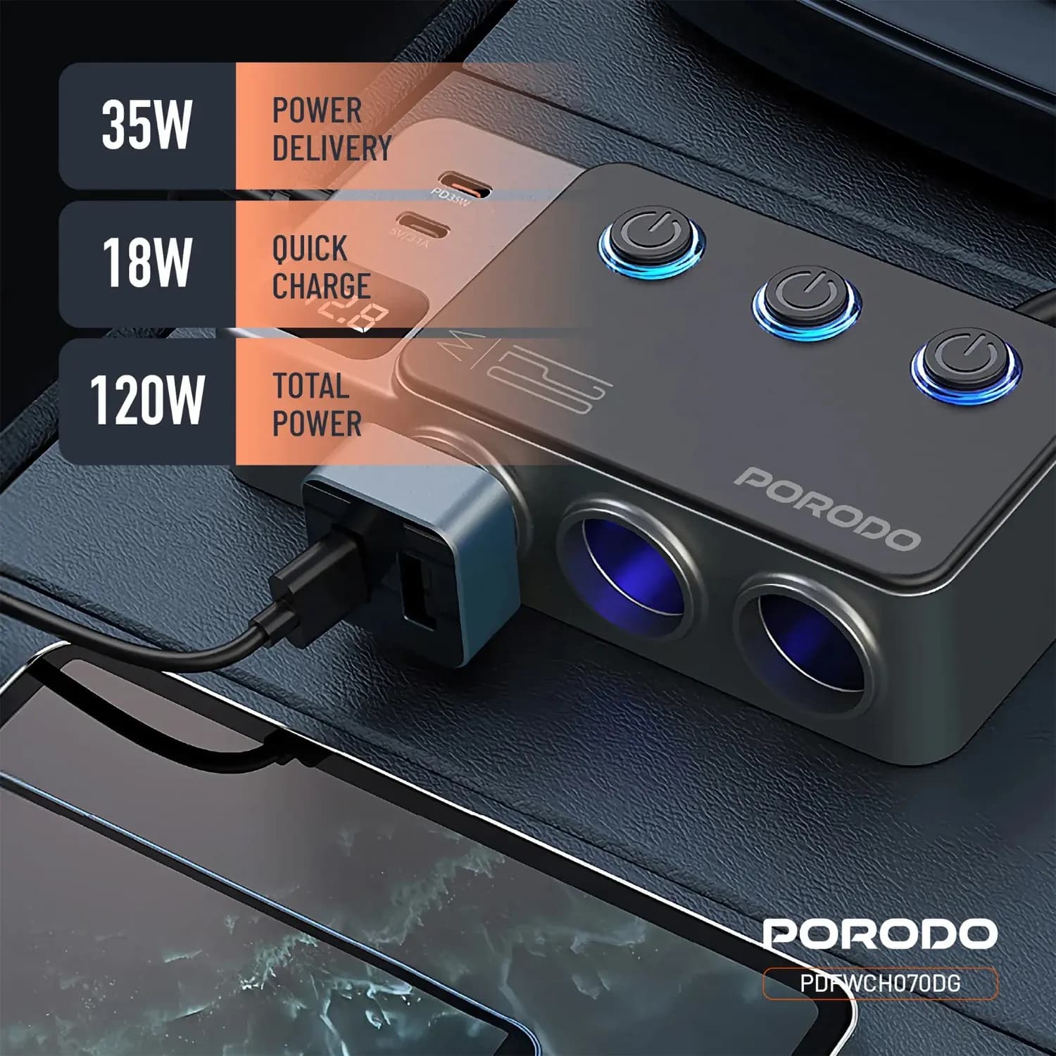 Porodo Car Charger - 8-in-1, QC 3.0 & PD 35W, Dark Gray 2