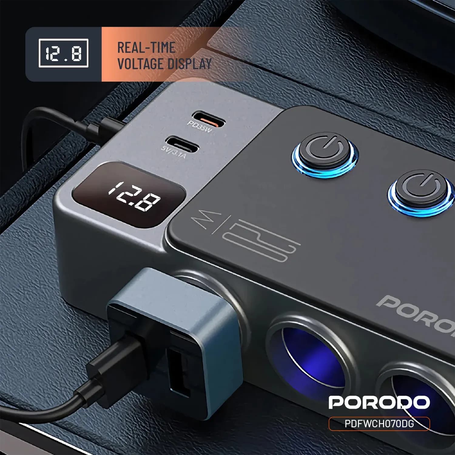 Porodo Car Charger - 8-in-1, QC 3.0 & PD 35W, Dark Gray 3