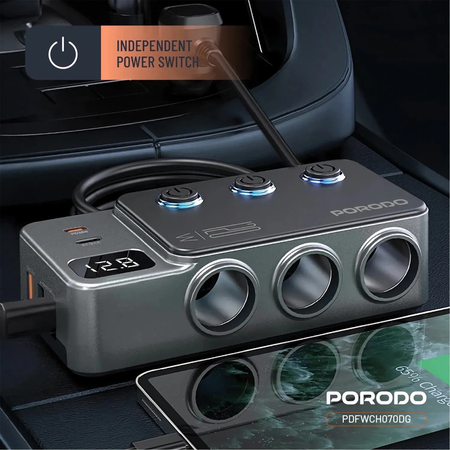 Porodo Car Charger - 8-in-1, QC 3.0 & PD 35W, Dark Gray 5