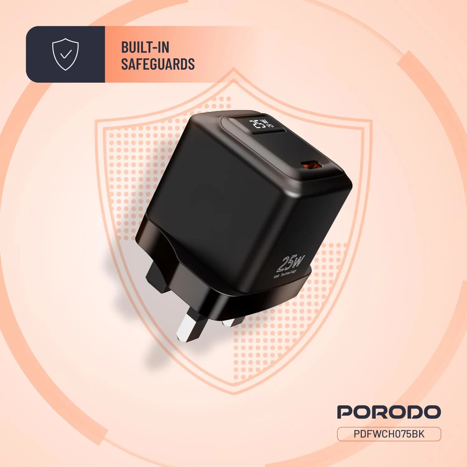 Porodo USB-C Charger - 25W GaN, Power Display, Black 3
