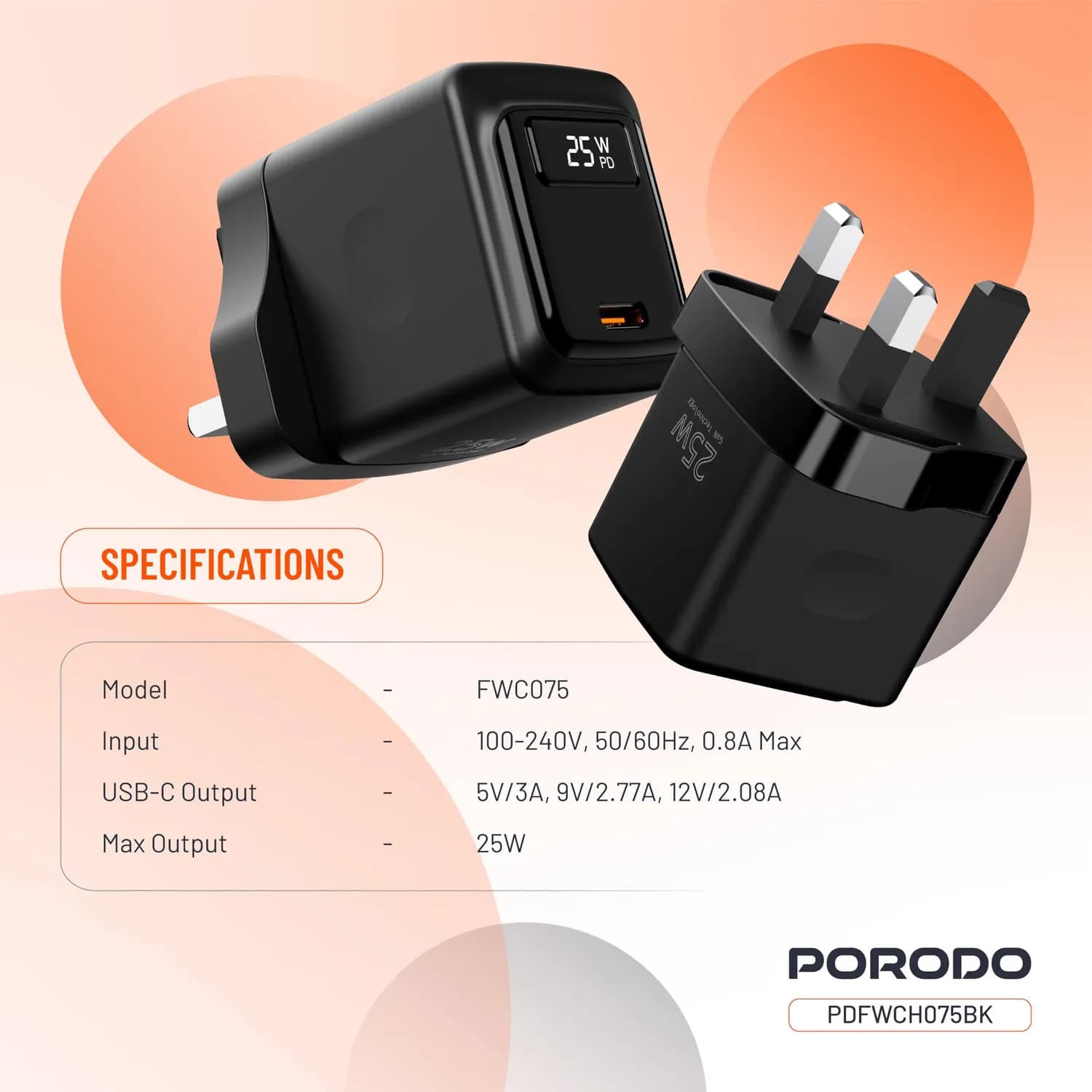 Porodo USB-C Charger - 25W GaN, Power Display, Black 4