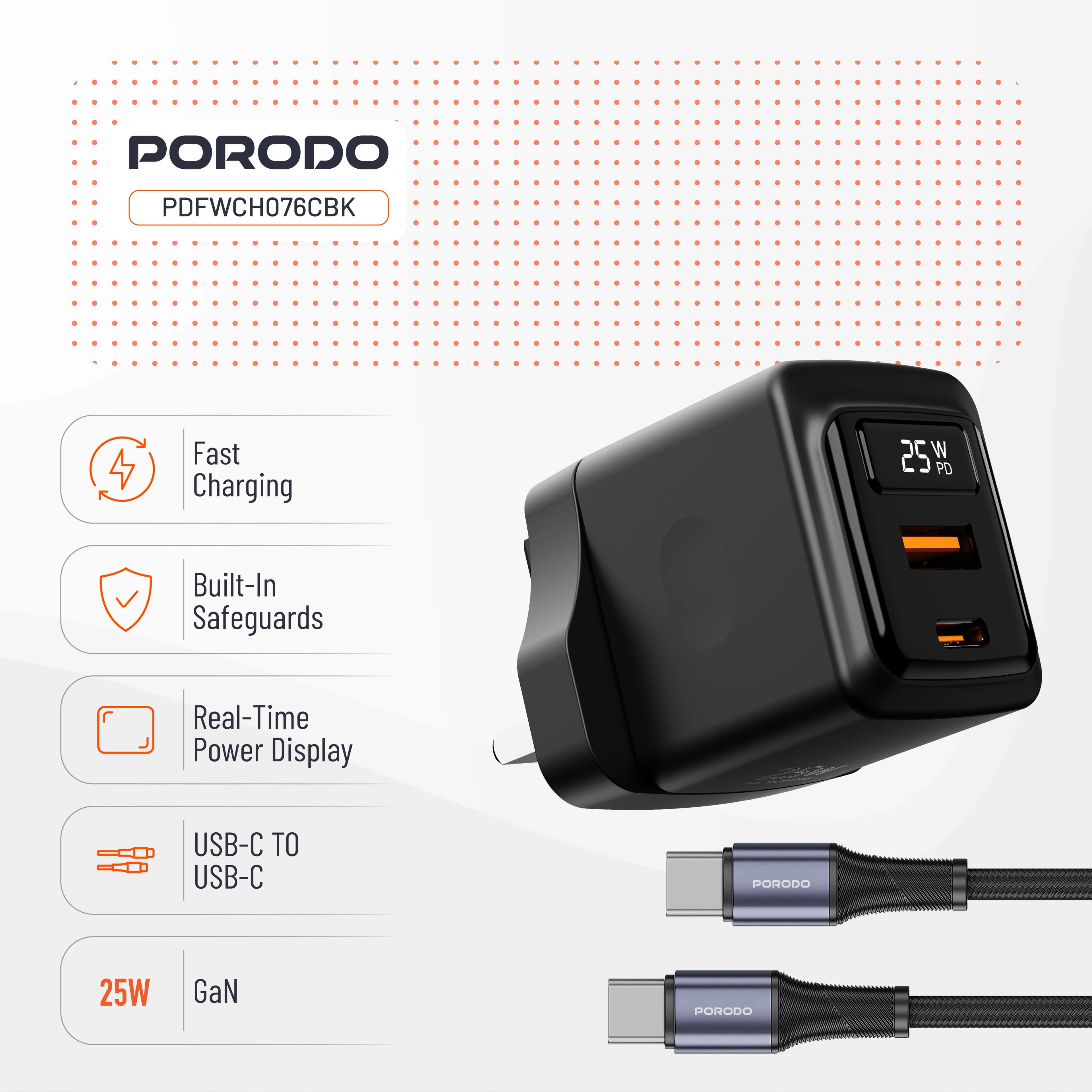 Porodo GaN 25W Dual-Port Wall Charger - Black 3