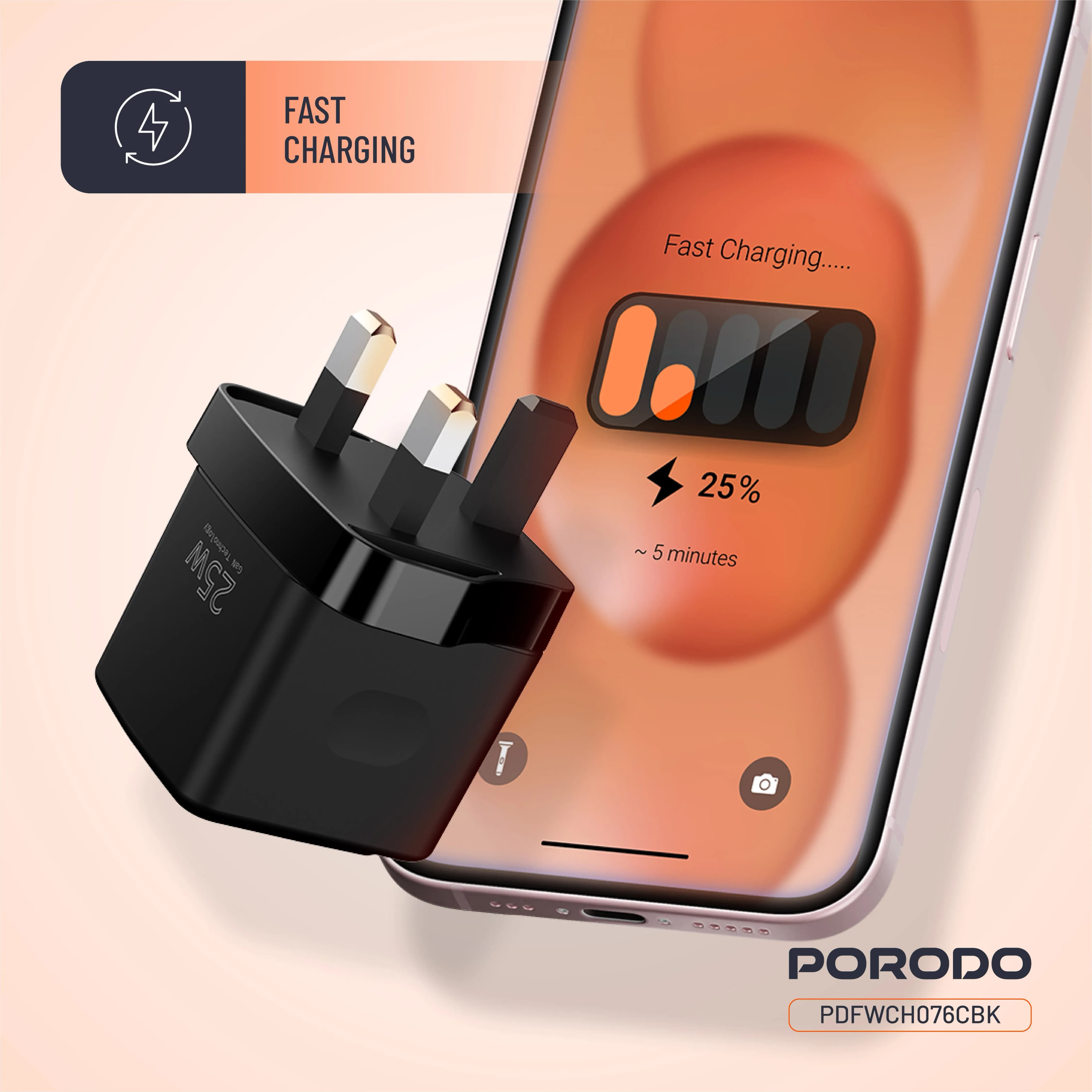 Porodo GaN 25W Dual-Port Wall Charger - Black 4
