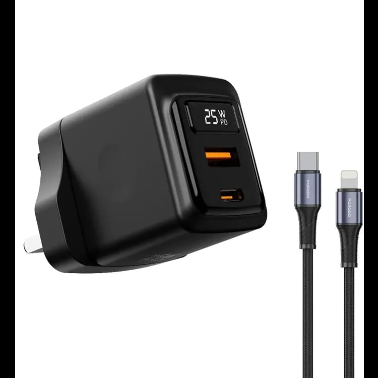 Porodo PD Charger - GaN Dual-Port 25W with Type-C to Lightning Cable 1 Porodo PD Charger - GaN Dual-Port 25W with Type-C to Lightning Cable 1
