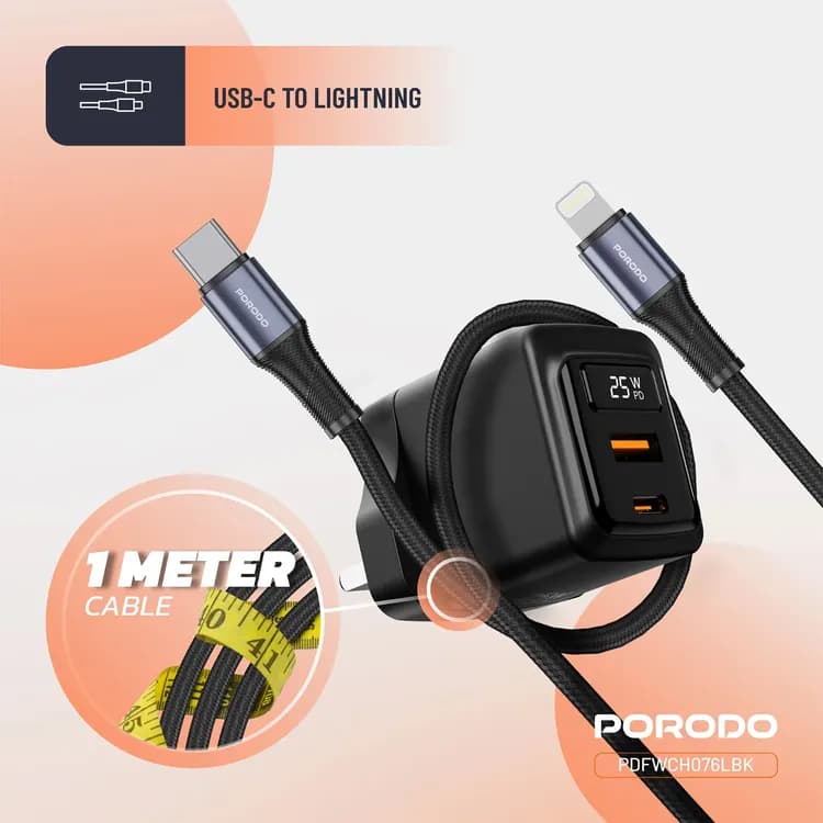 Porodo PD Charger - GaN Dual-Port 25W with Type-C to Lightning Cable 2