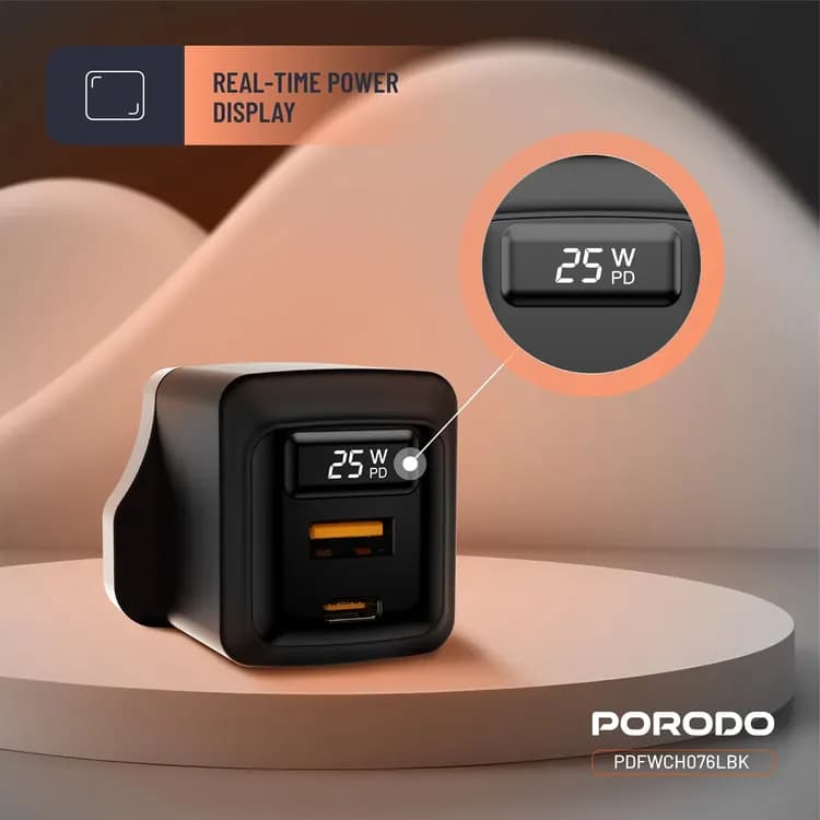 Porodo PD Charger - GaN Dual-Port 25W with Type-C to Lightning Cable 5