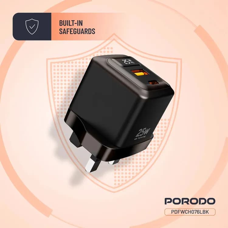 Porodo PD Charger - GaN Dual-Port 25W with Type-C to Lightning Cable 6