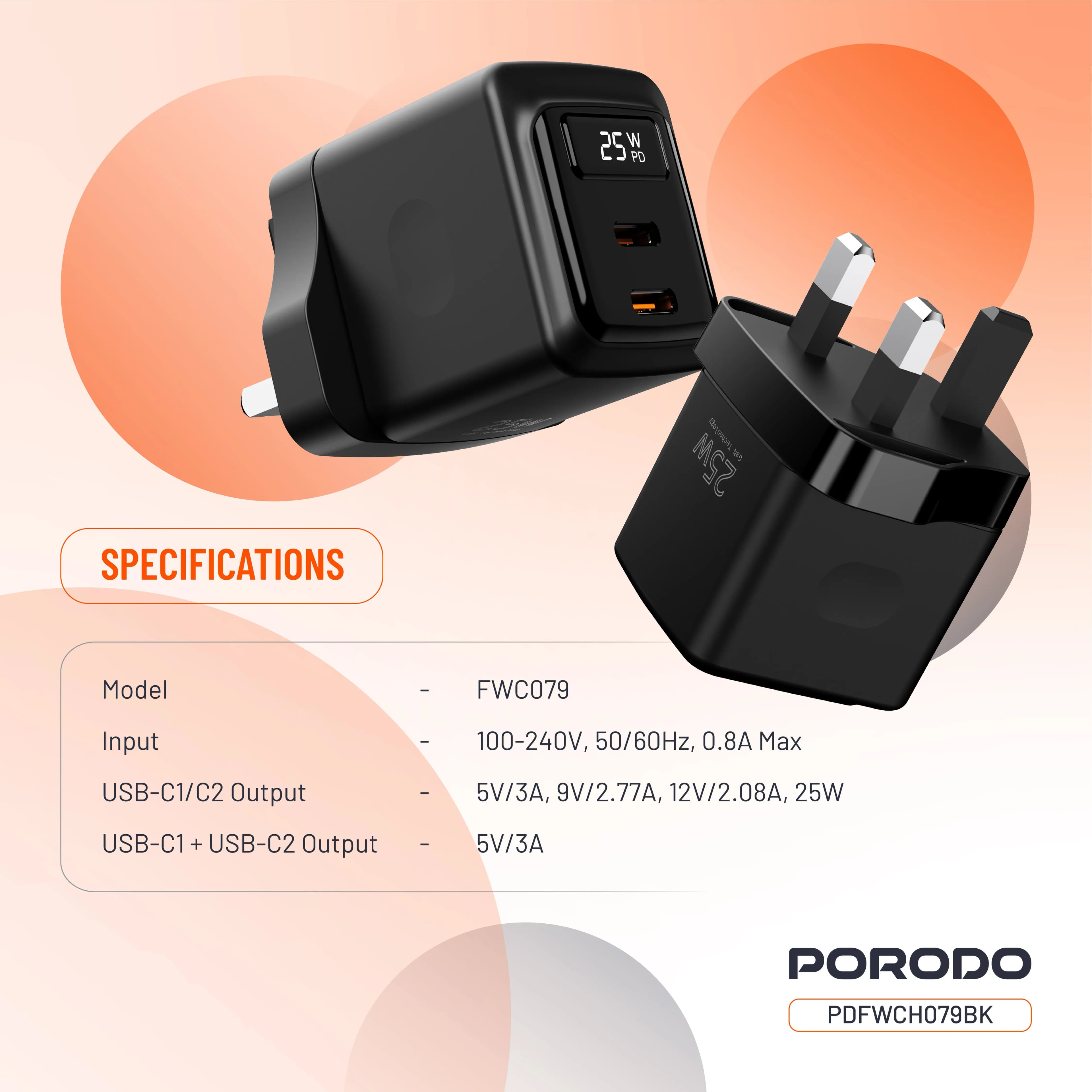 Porodo GaN 25W Dual USB-C Wall Charger - Black 1 Porodo GaN 25W Dual USB-C Wall Charger - Black 1