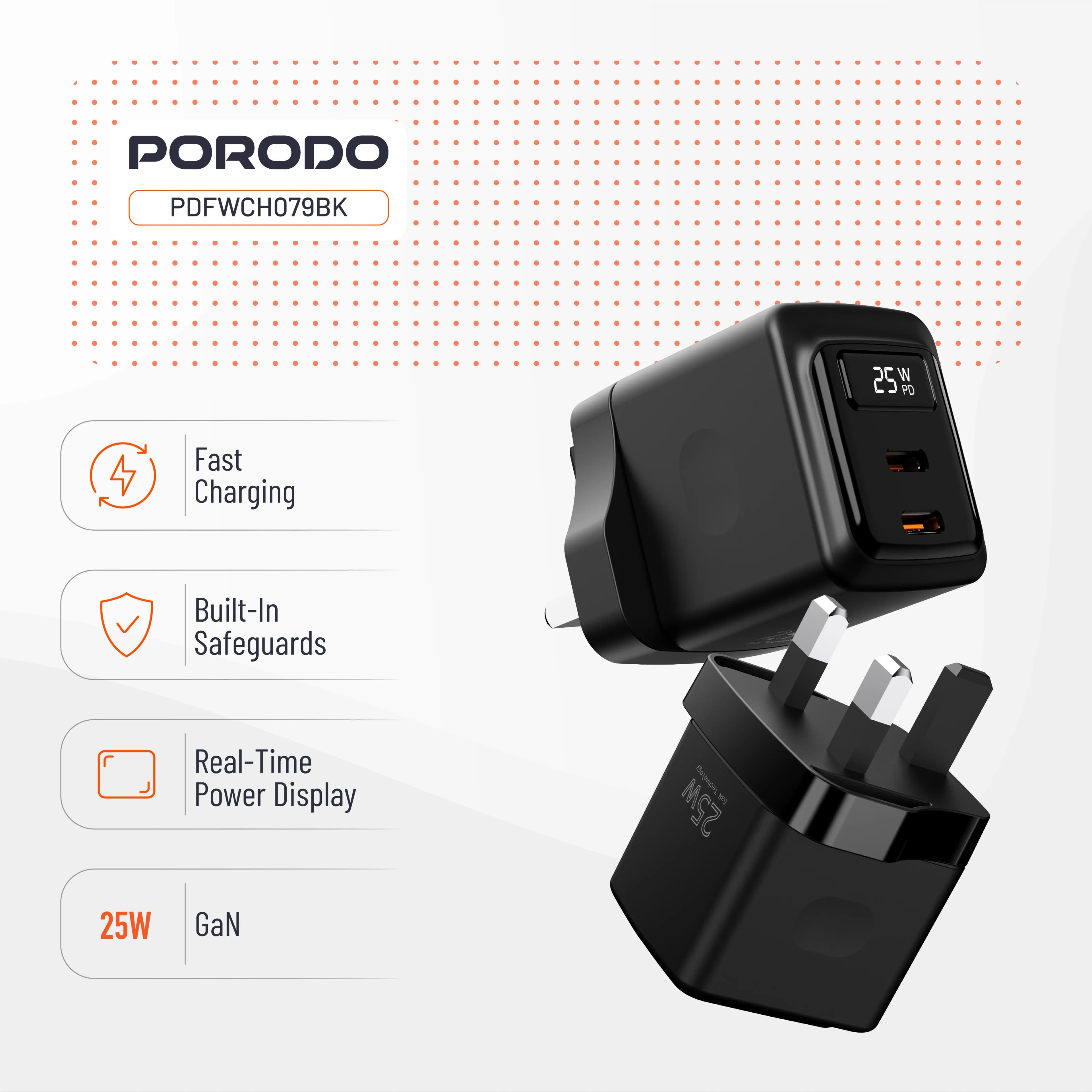 Porodo GaN 25W Dual USB-C Wall Charger - Black 2