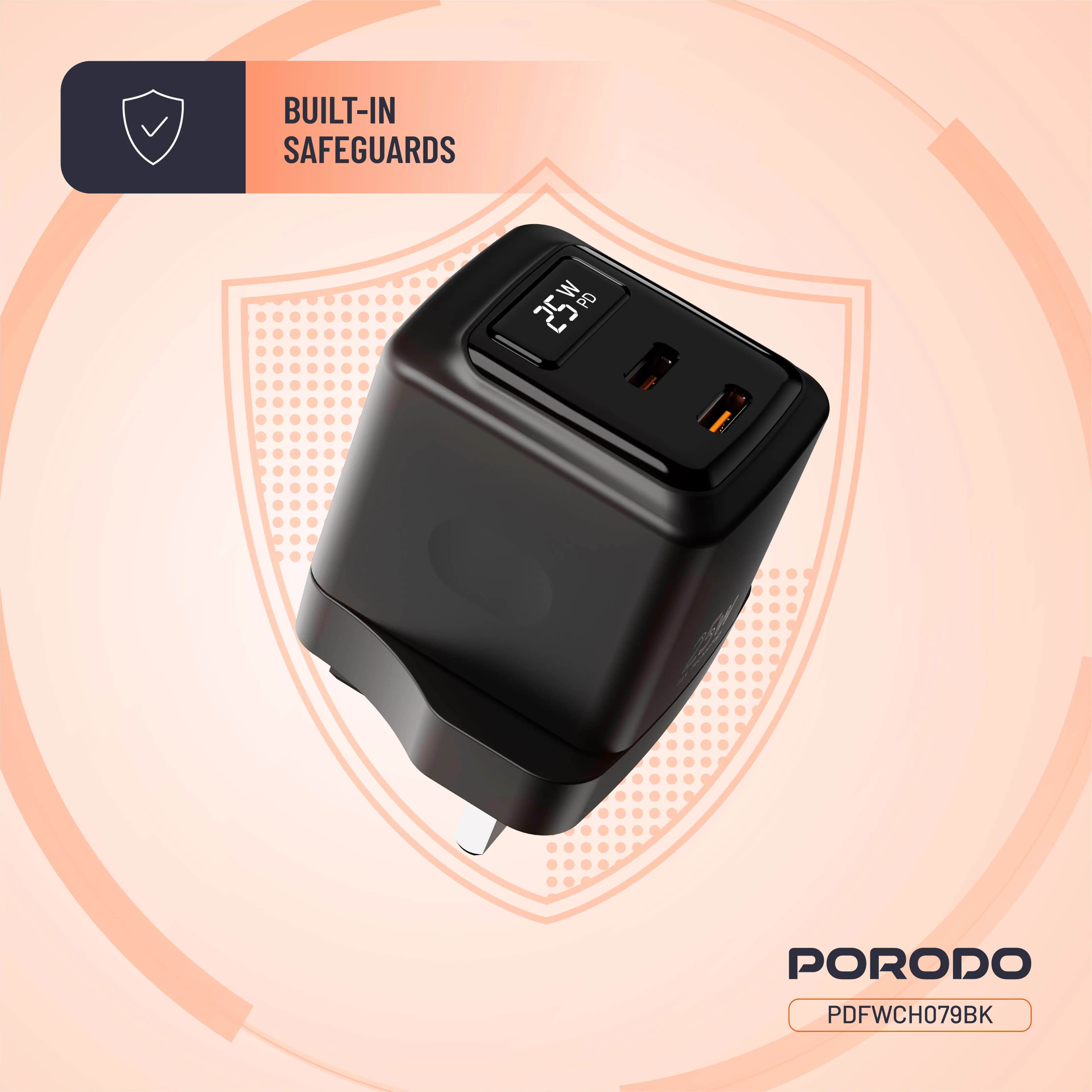 Porodo GaN 25W Dual USB-C Wall Charger - Black 3