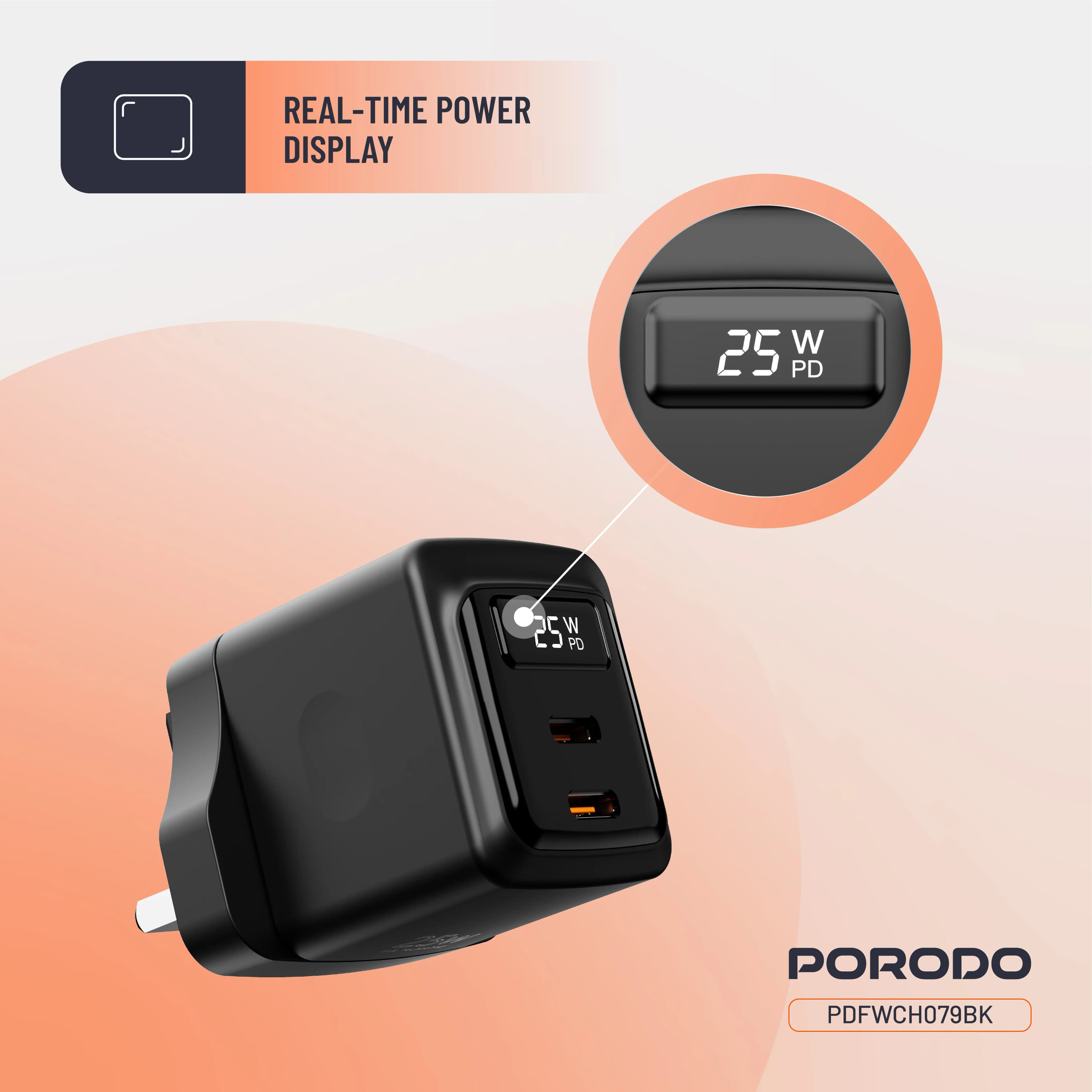 Porodo GaN 25W Dual USB-C Wall Charger - Black 4