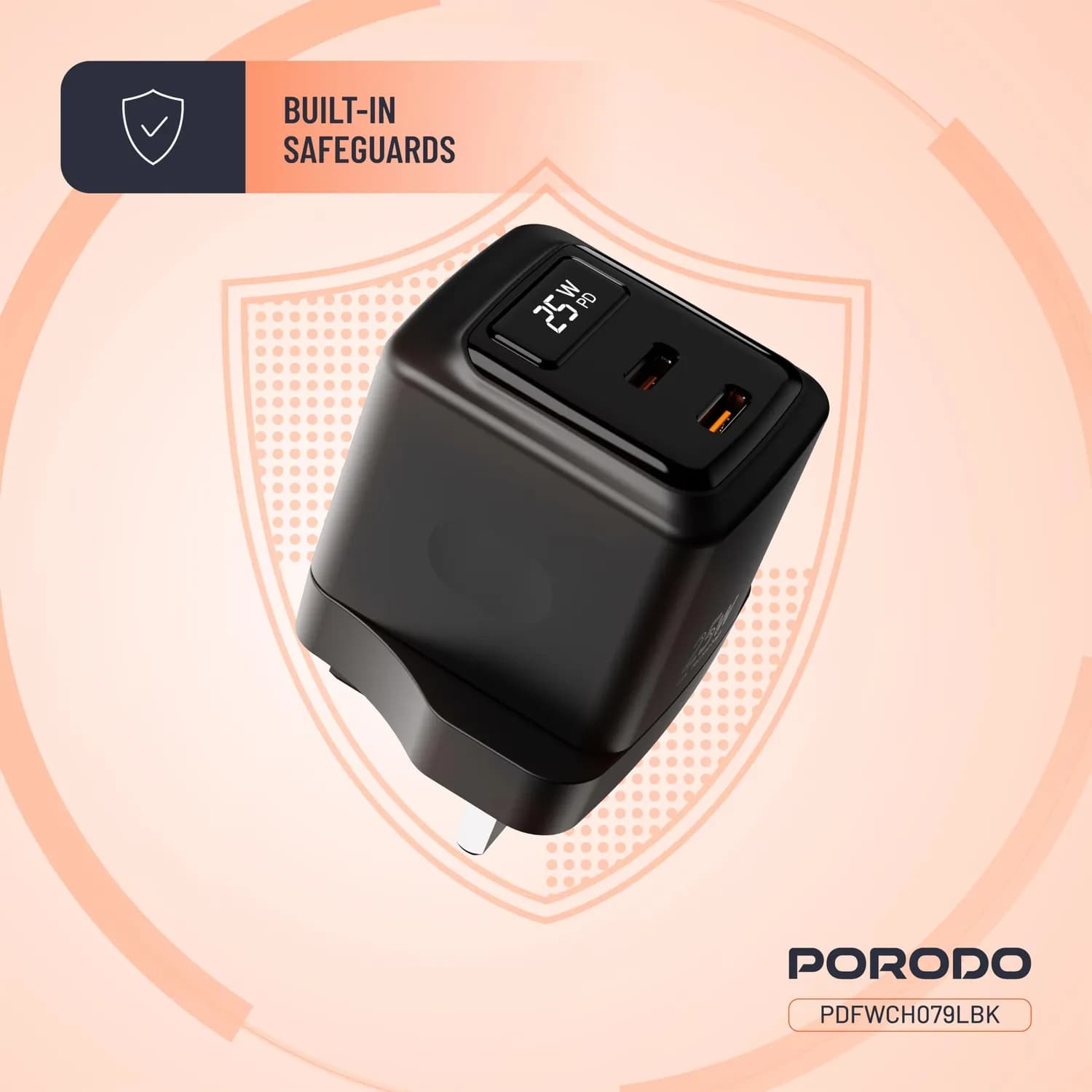 Porodo PD Charger - Dual USB-C 25W, Black 2