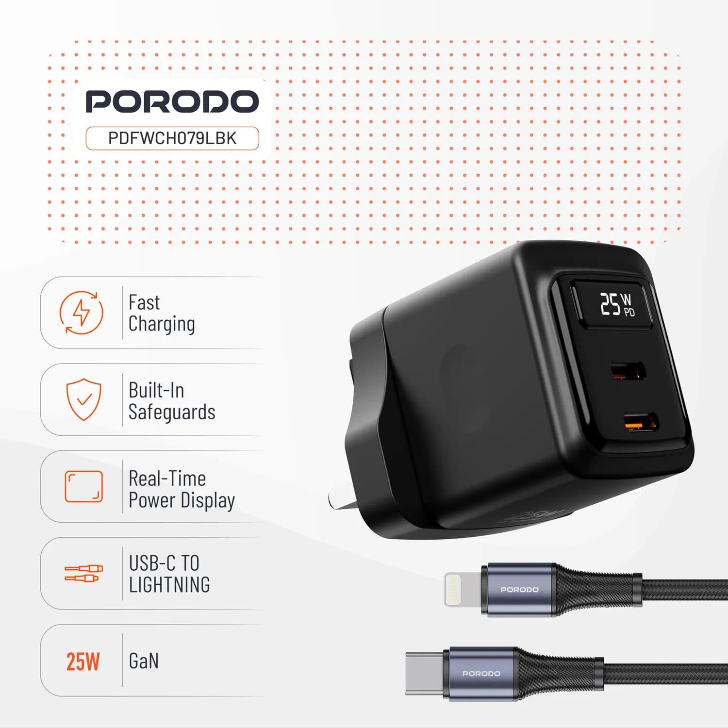 Porodo PD Charger - Dual USB-C 25W, Black 5