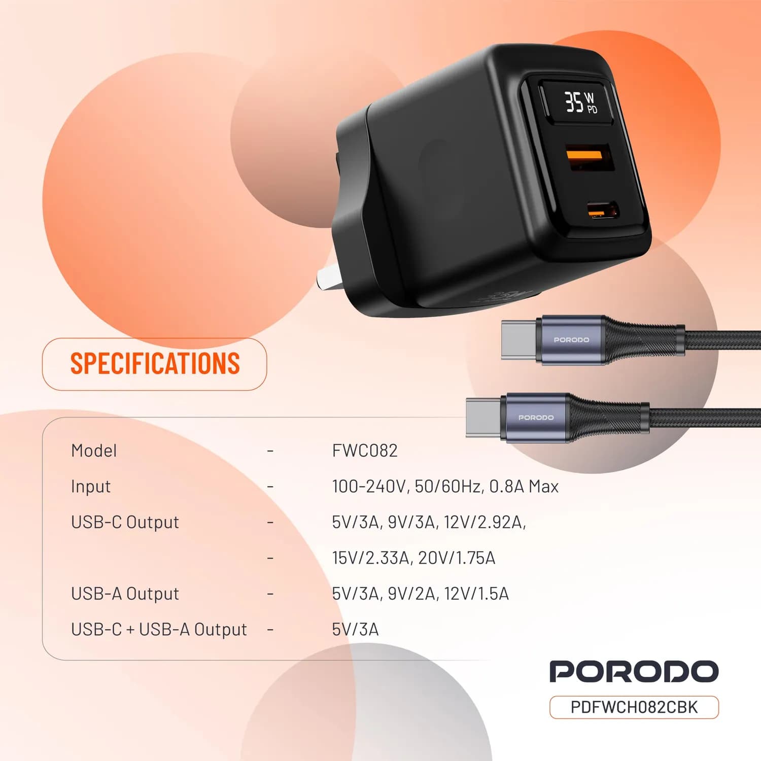 Porodo PD Charger - Dual USB-C 25W, Black 3