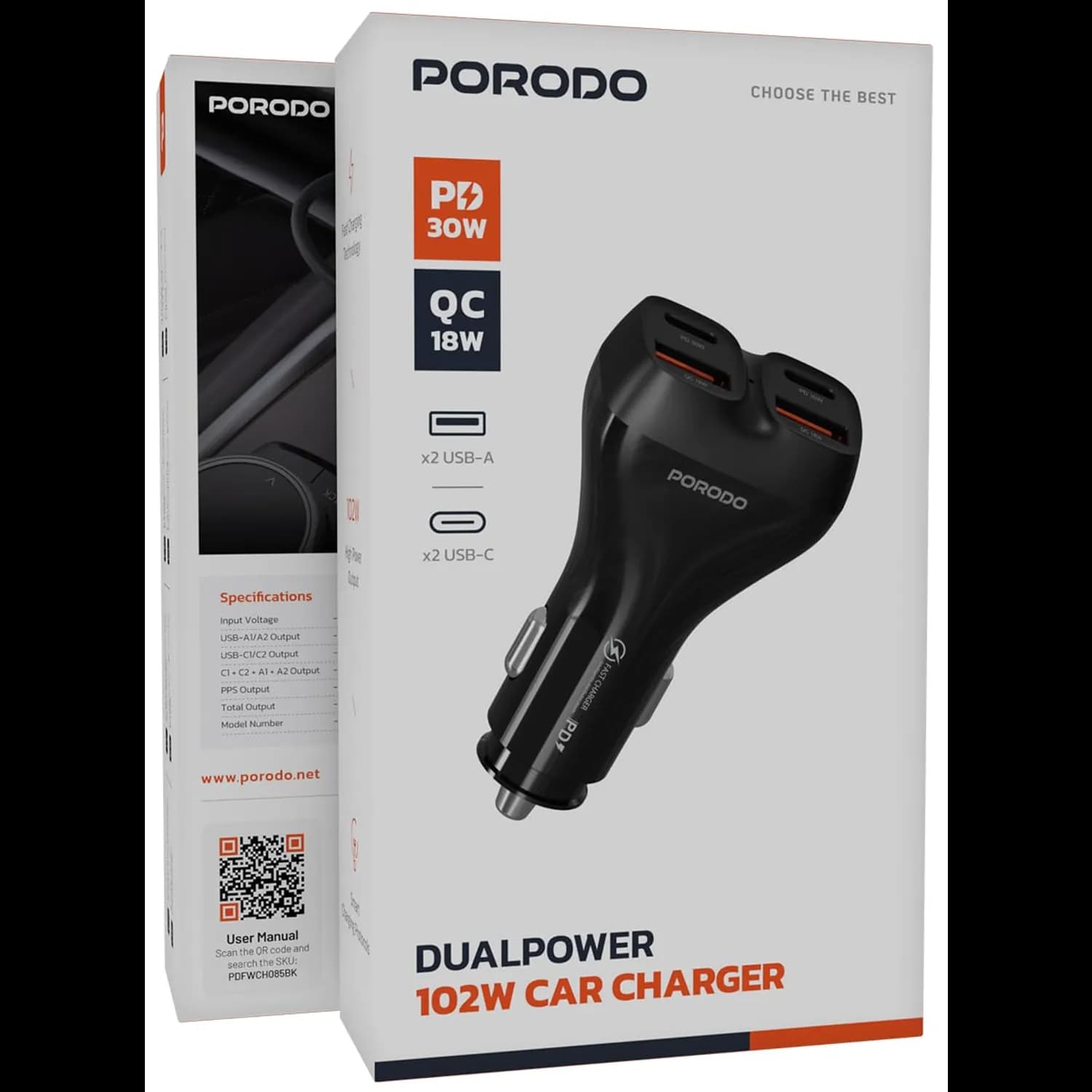 Porodo Car Charger & Audio Transmitter - 102W, Black 5