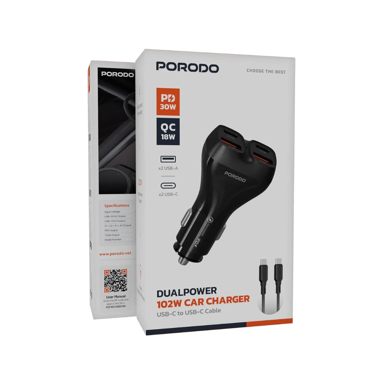 Porodo Car Charger & Audio Transmitter PDFWCH085CBK - USB-C Cable Included, Black 3