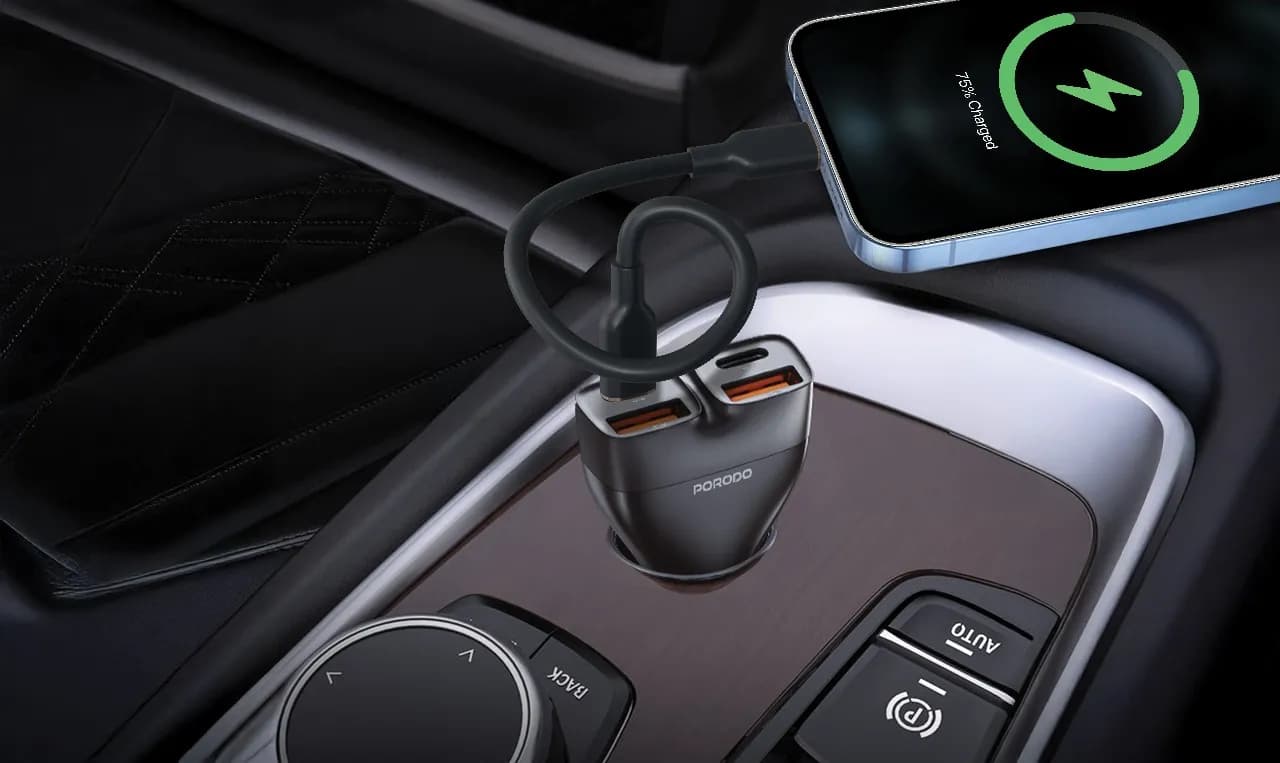 Porodo Car Charger & Audio Transmitter PDFWCH085CBK - USB-C Cable Included, Black 4
