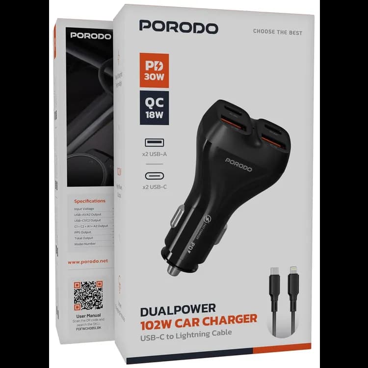 Porodo Car Charger & Audio Transmitter - 102W, USB-C to Lightning 5