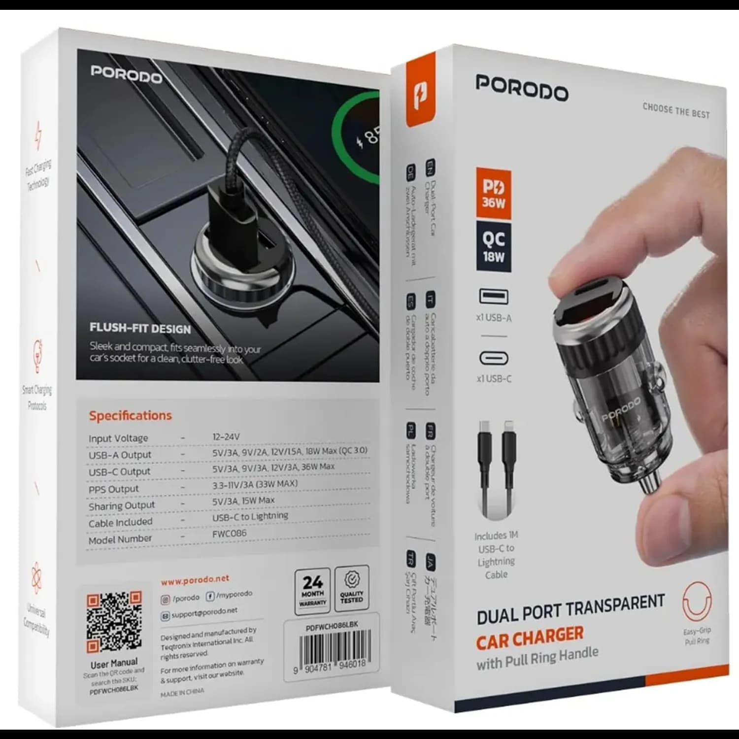 Porodo Car Charger - Dual Port, 36W PD, Transparent 5