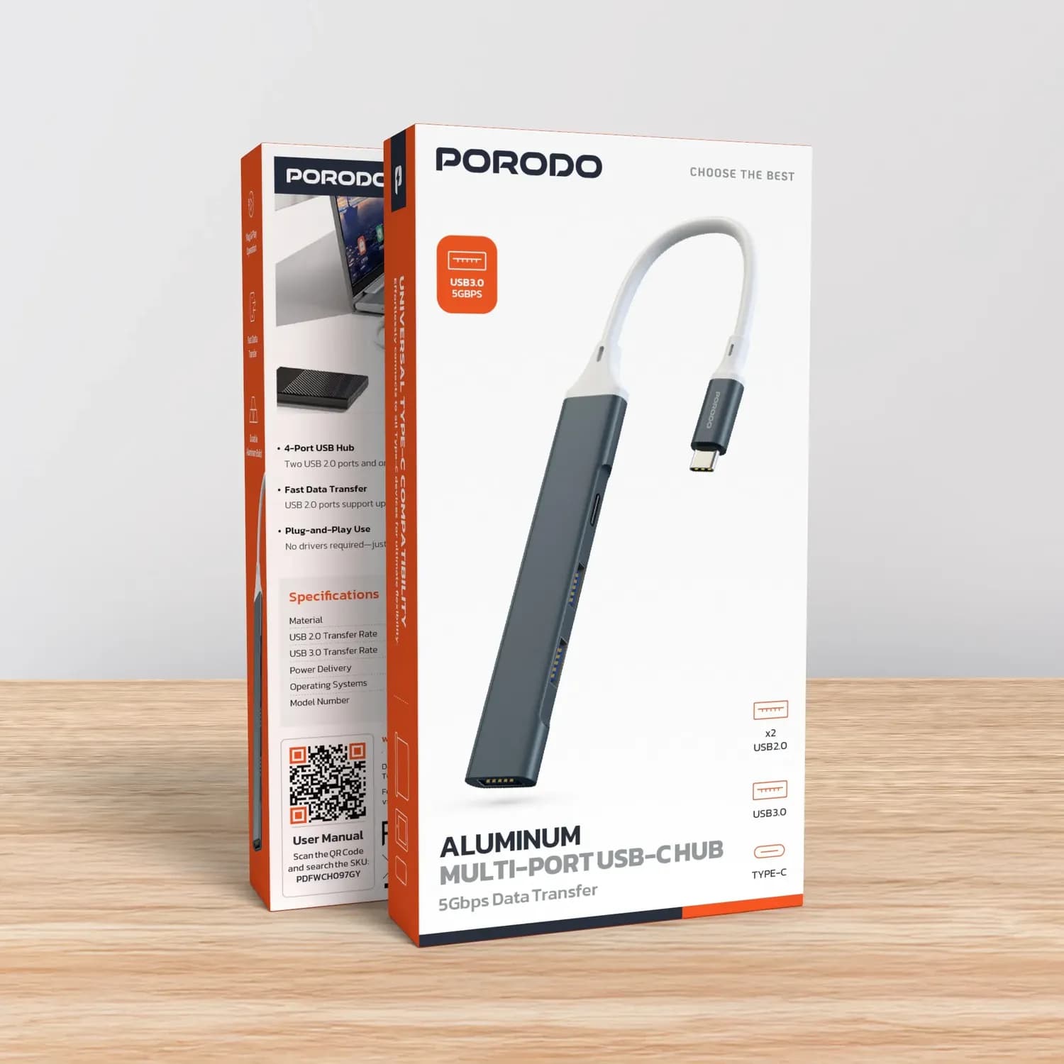 Porodo USB Hub - 4-Port USB 3.0, USB-C & USB-A, Gray 4