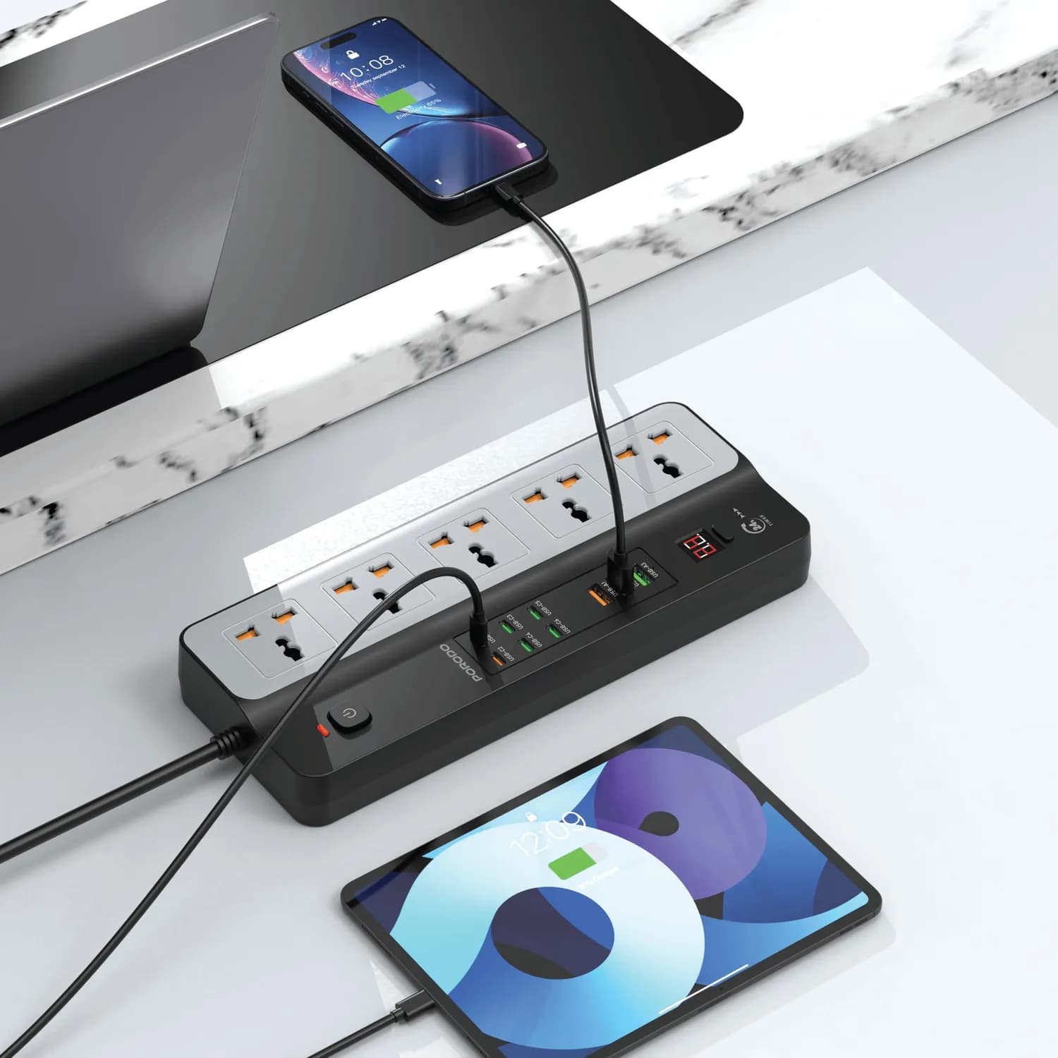 Porodo Power Strip - 5 AC Sockets, 9 USB Ports, Black 2