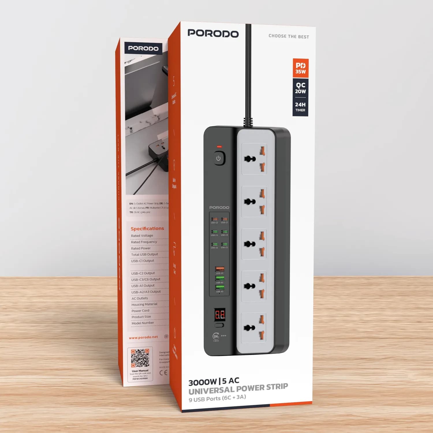 Porodo Power Strip - 5 AC Sockets, 9 USB Ports, Black 3