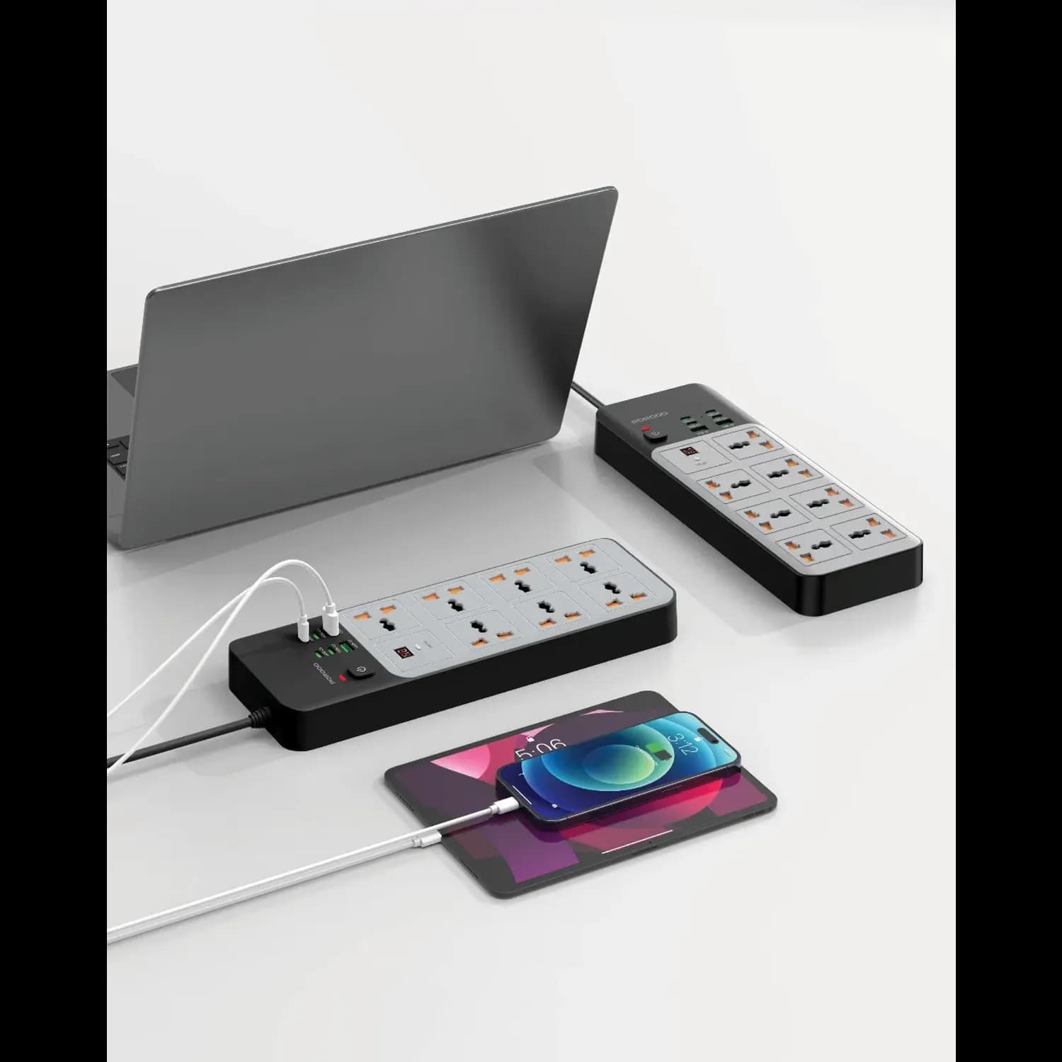 Porodo Power Strip - 7 AC Outlets, 6 USB Ports, Grey 2