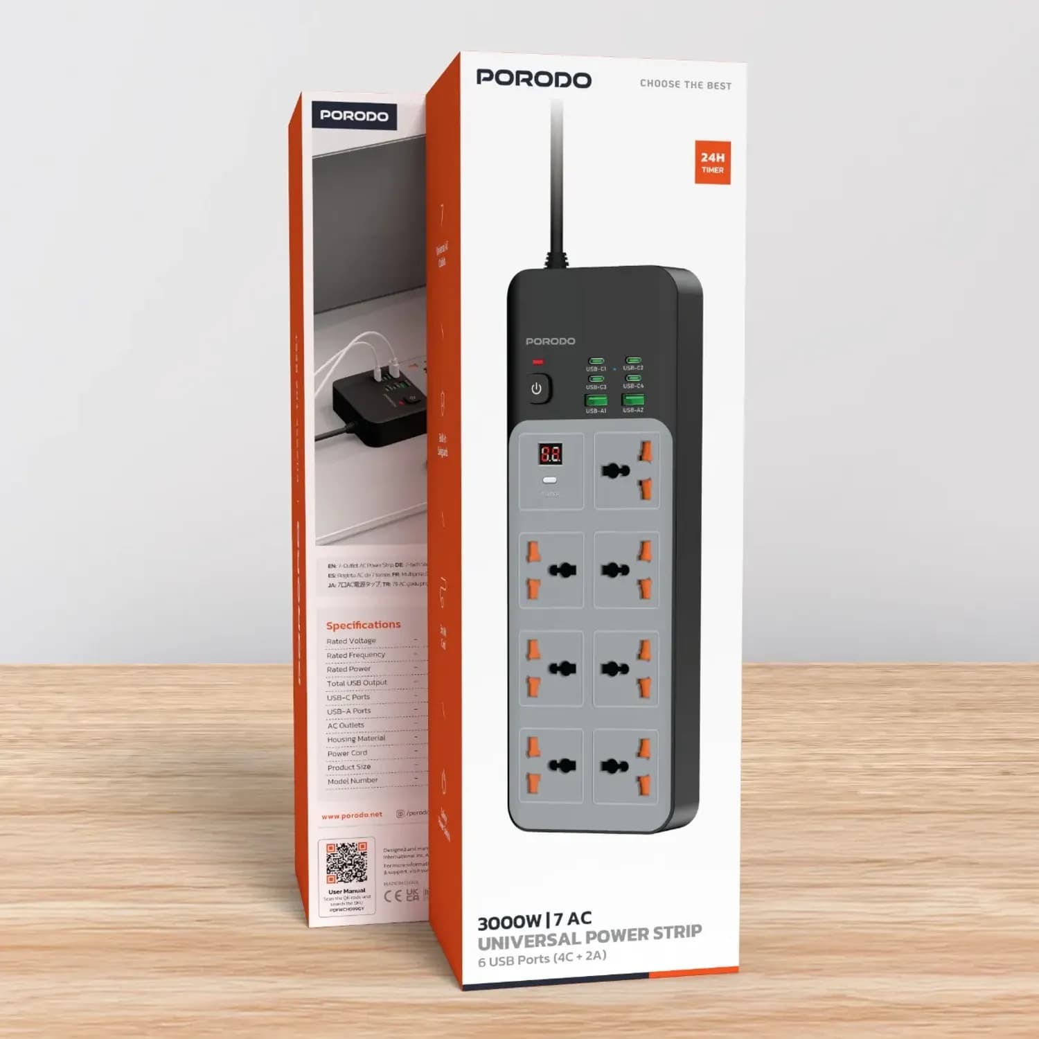 Porodo Power Strip - 7 AC Outlets, 6 USB Ports, Grey 3