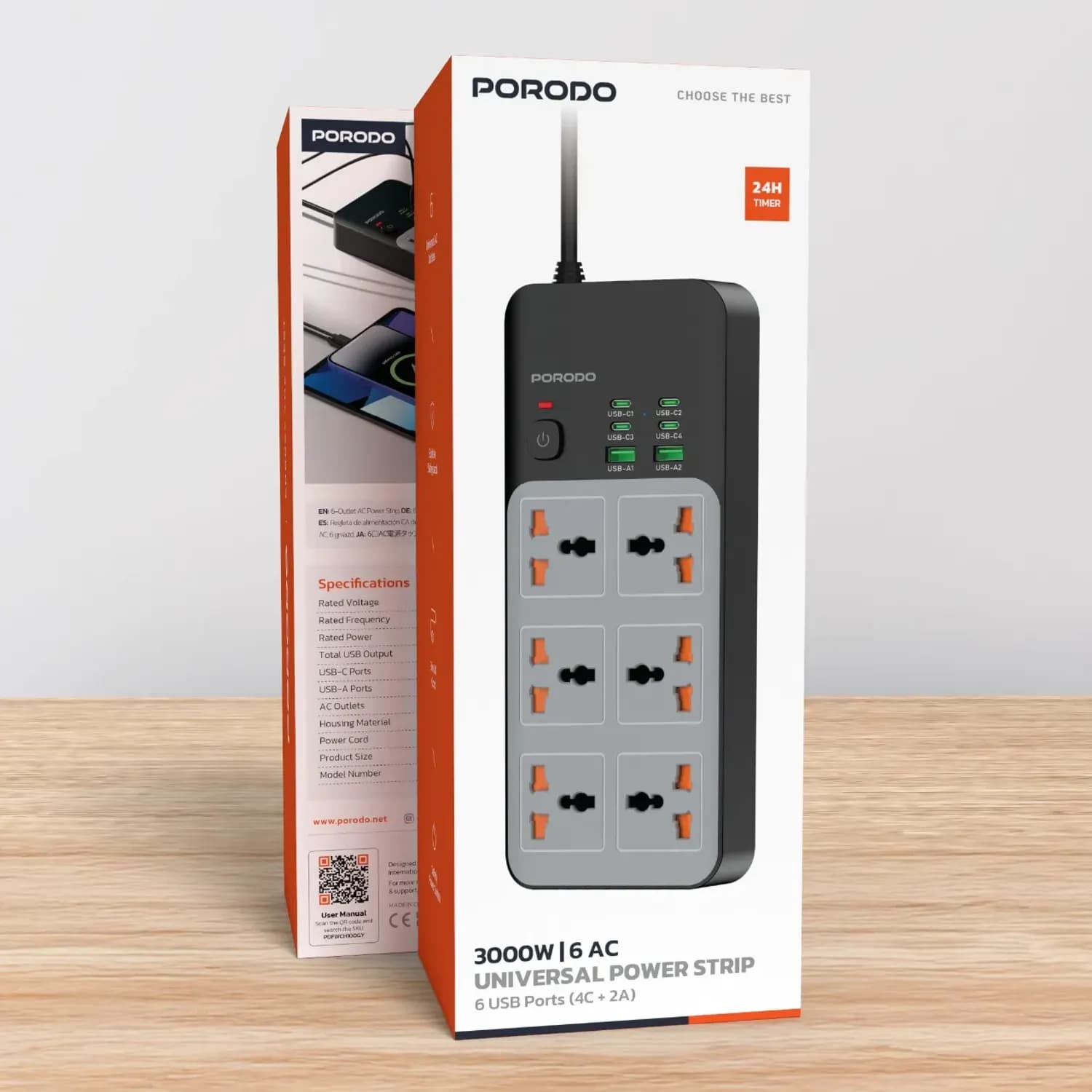 Porodo Power Strip - 6 AC Outlets, 6 USB Ports, Grey 3
