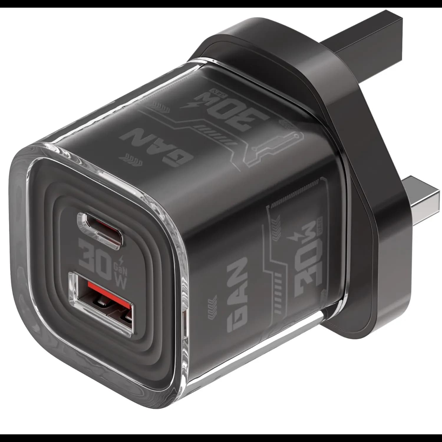 Porodo Charger PD30W - Dual-Port GaN, Transparent Black 1 Porodo Charger PD30W - Dual-Port GaN, Transparent Black 1