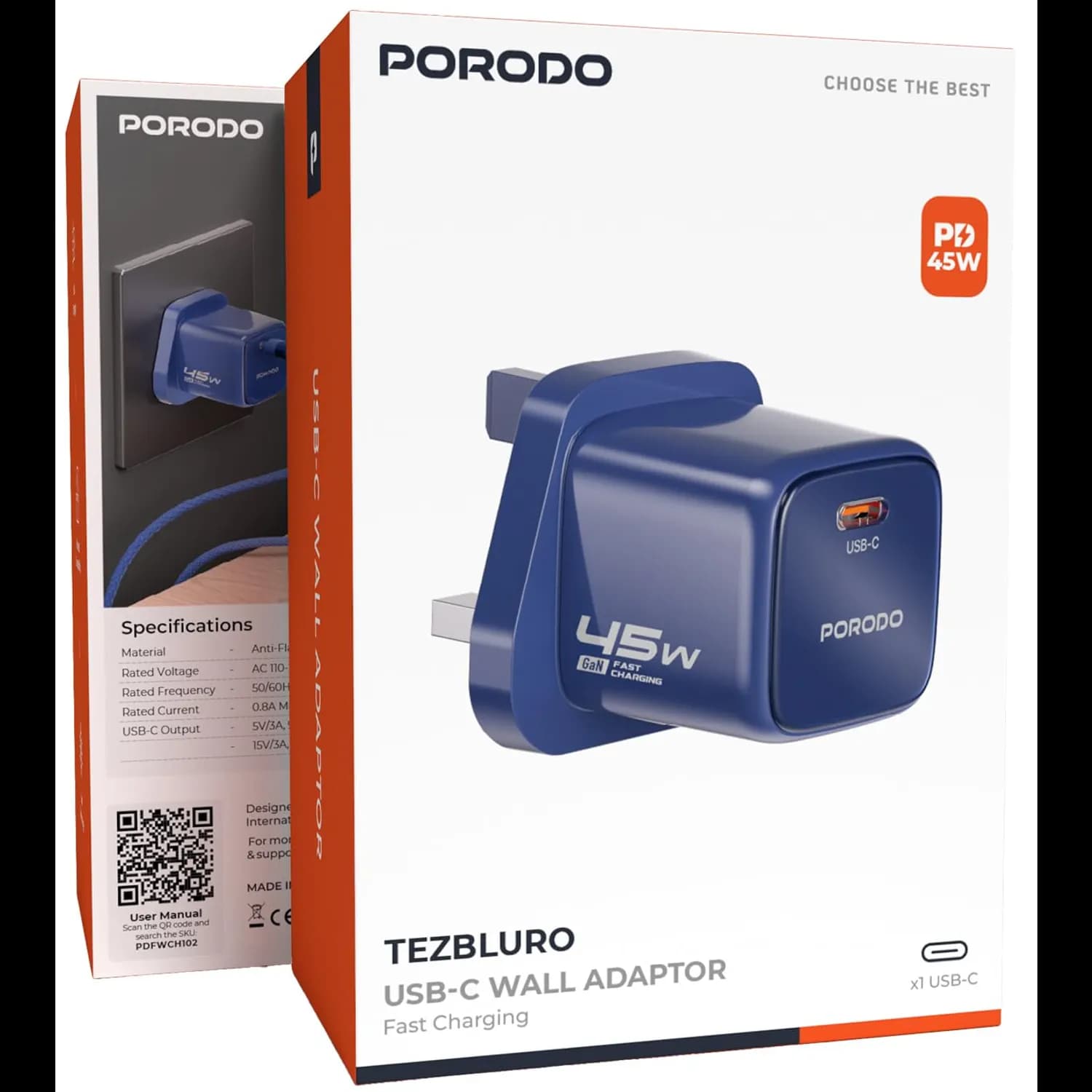 Porodo Charger Adapter - 30W Dual-Port GaN, Orange 3