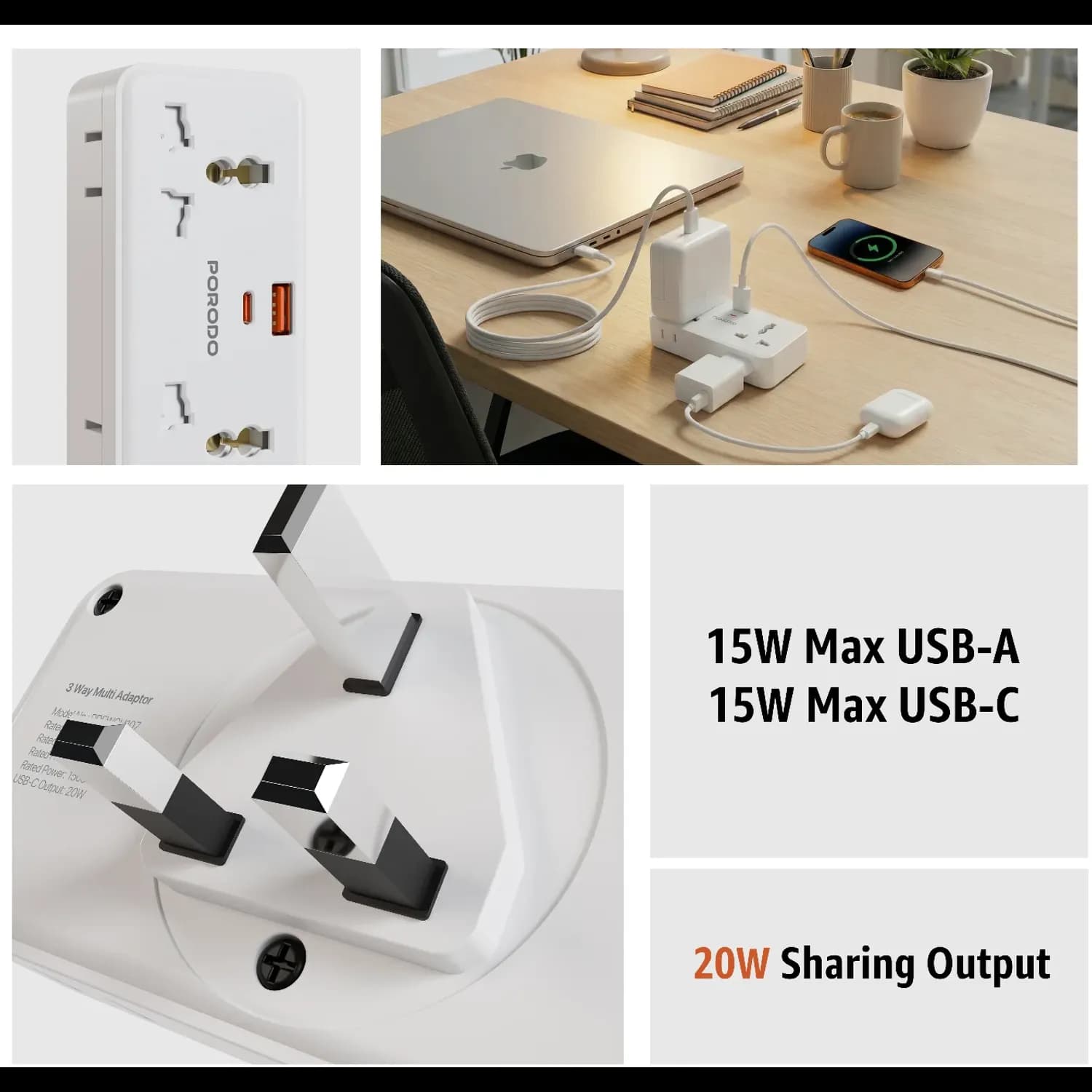 Porodo Universal Adapter Plex - 1500W, White 4