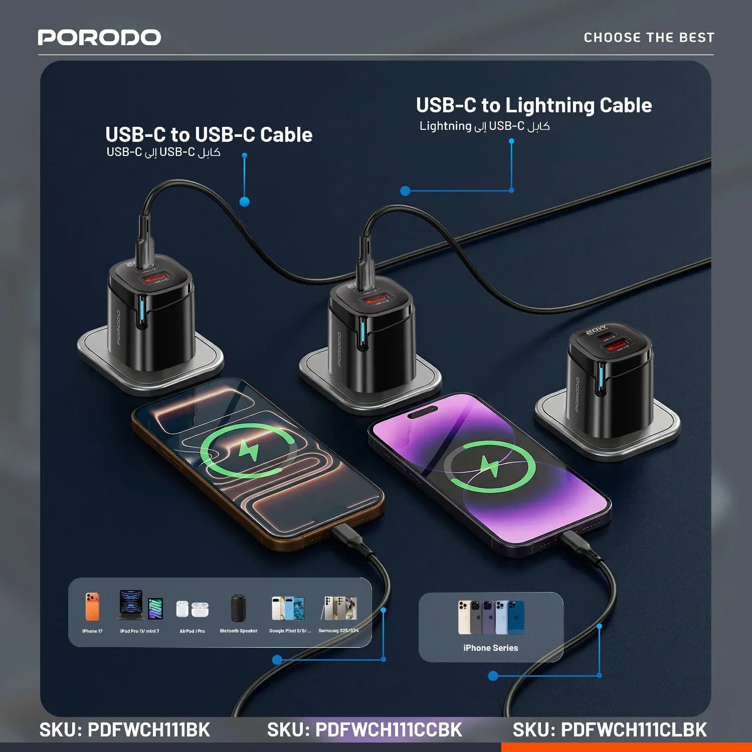 Porodo Wall Adapter - Dual USB-A & USB-C, 20W, Black 2