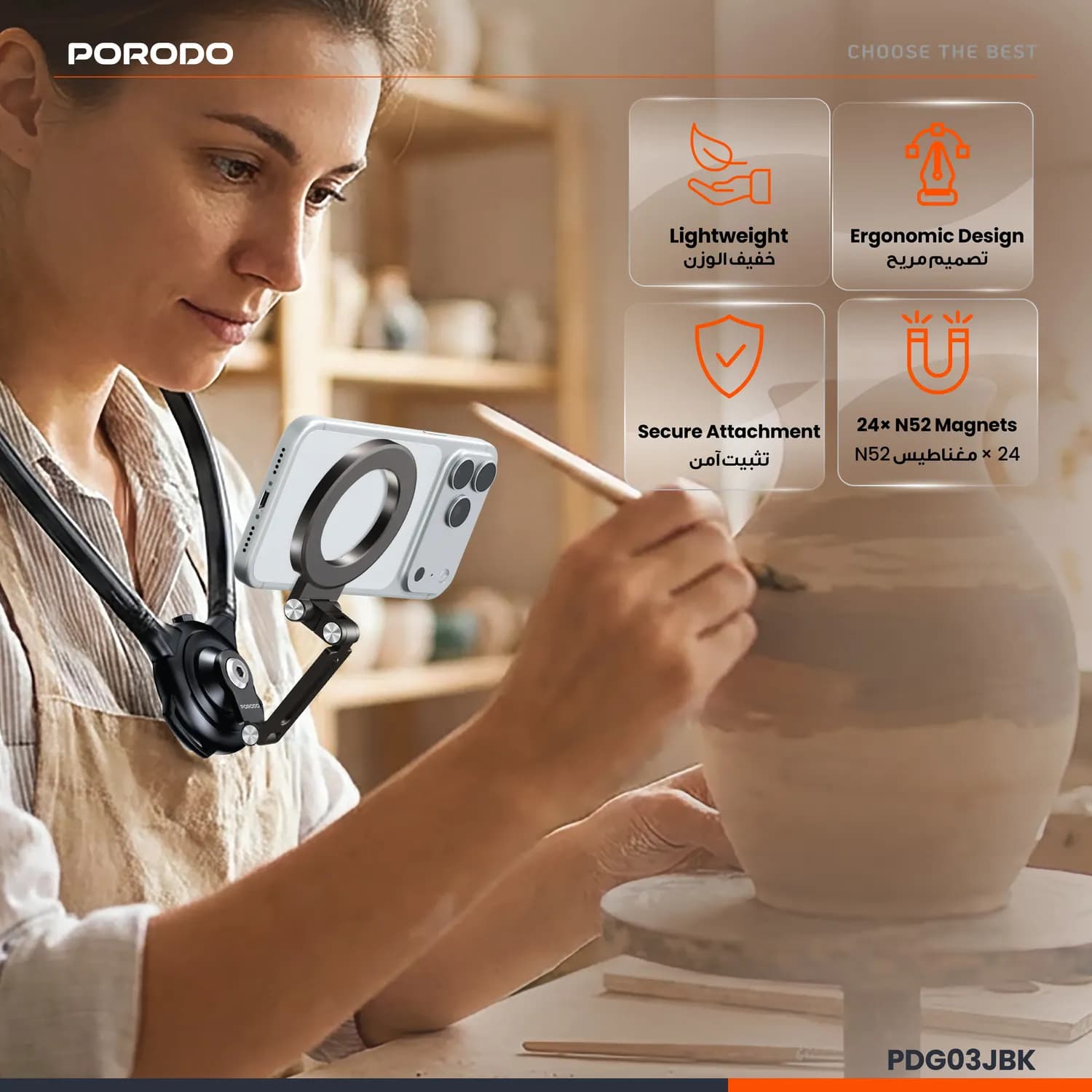 Porodo Neck & Chest Phone Holder - Magnetic Lock, 360° Rotation, Black 3