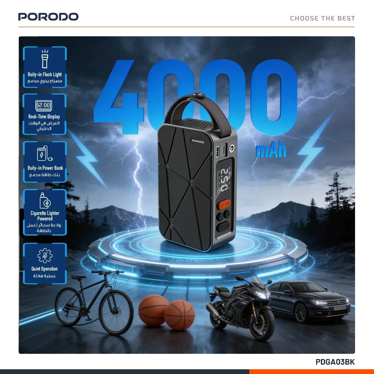 Porodo Car Tire Inflator - 4000mAh, Black 2