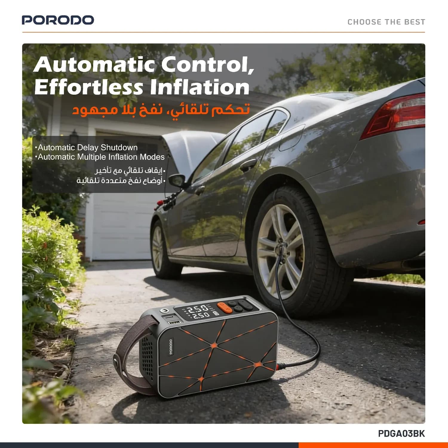 Porodo Car Tire Inflator - 4000mAh, Black 5