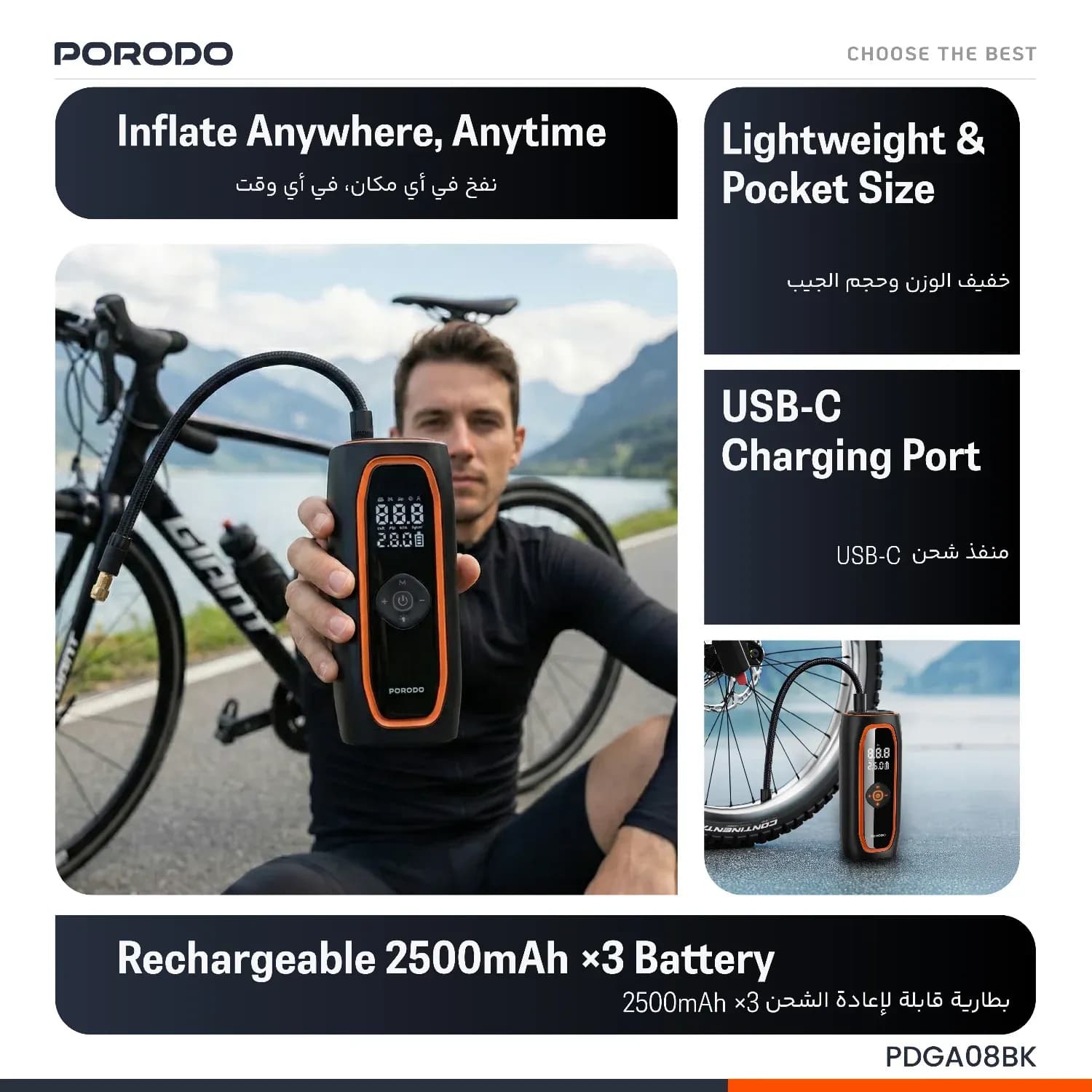 Porodo Tire Inflator Voltair - Real-time Pressure Display, Black 2