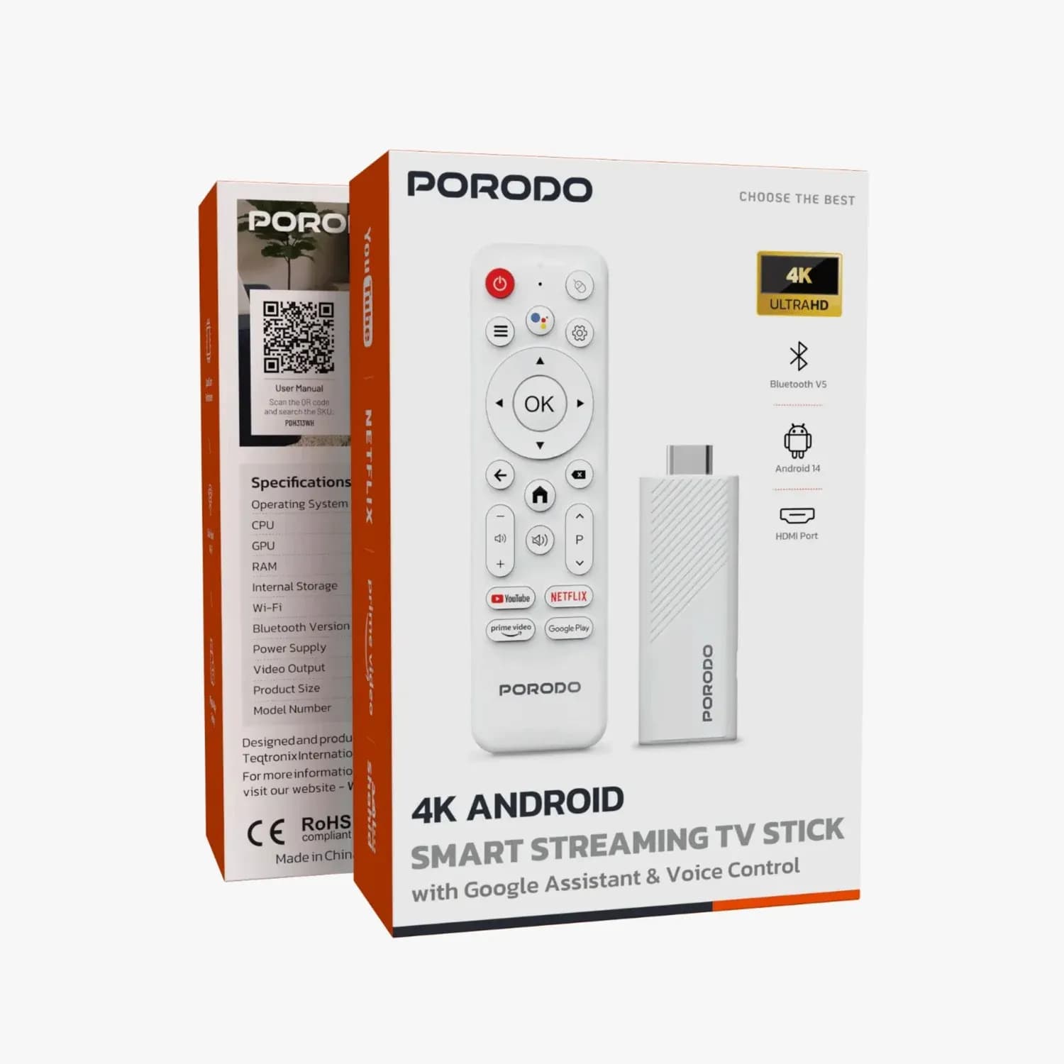 Porodo Streaming TV Stick - 4K Android 14, White 3